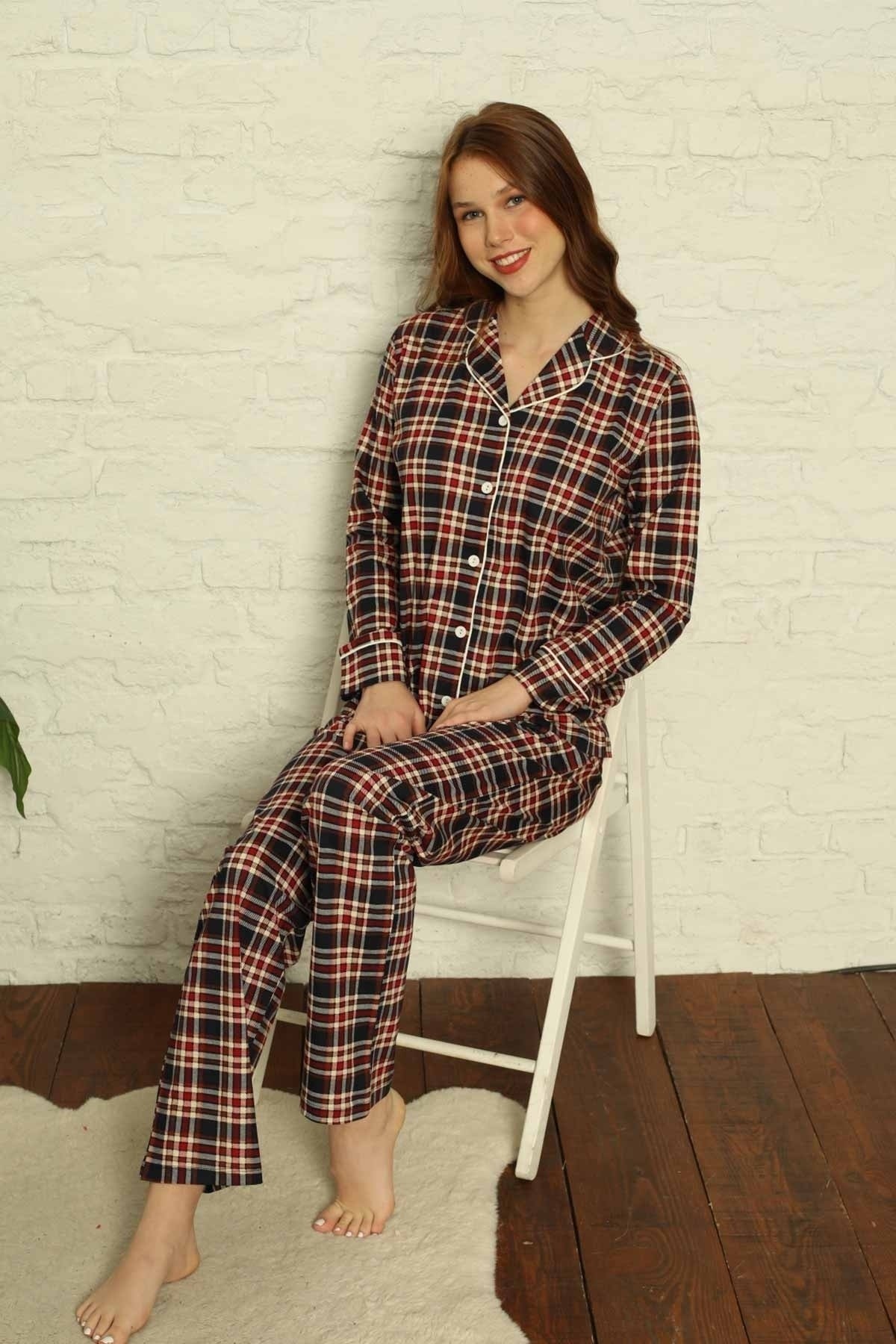 Dreamy Ekoseli Pamuklu Biyeli Uzun Kollu Gömlek Pijama Takımı - Ekose