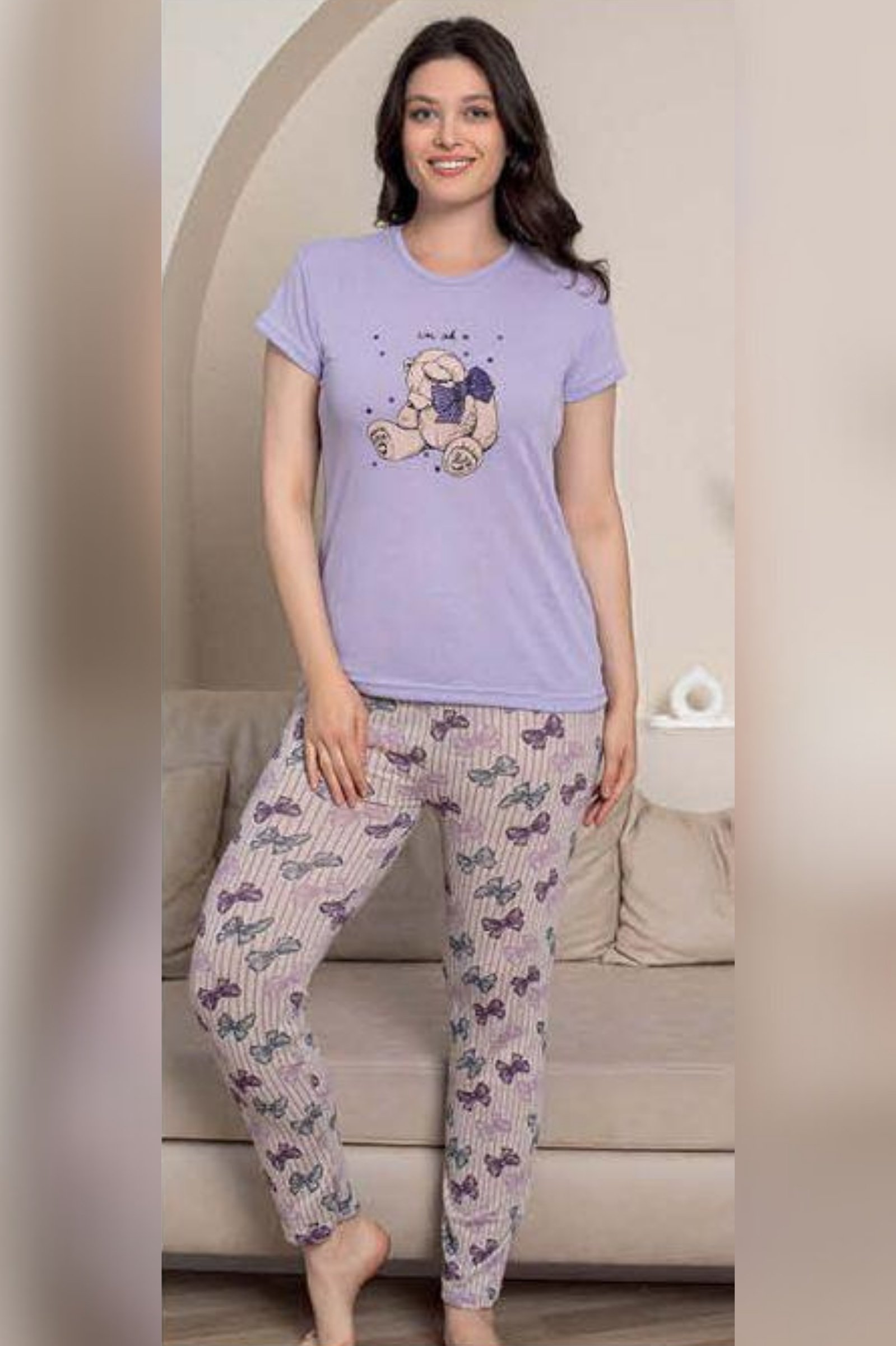 Ecodream Kısa Kollu Desenli Ekonomik Kadın Pijama Takımı - Lila