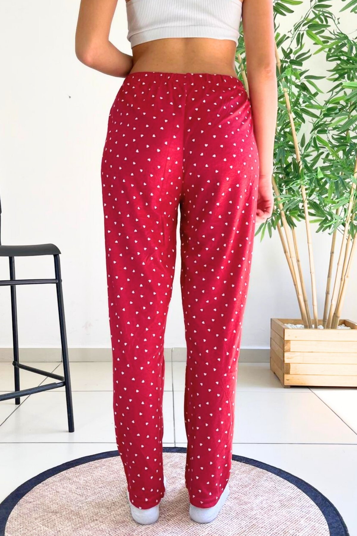 Dreamy Soft Kadife Dokulu Desenli Süet Pijama Altı Pantolon - Bordo