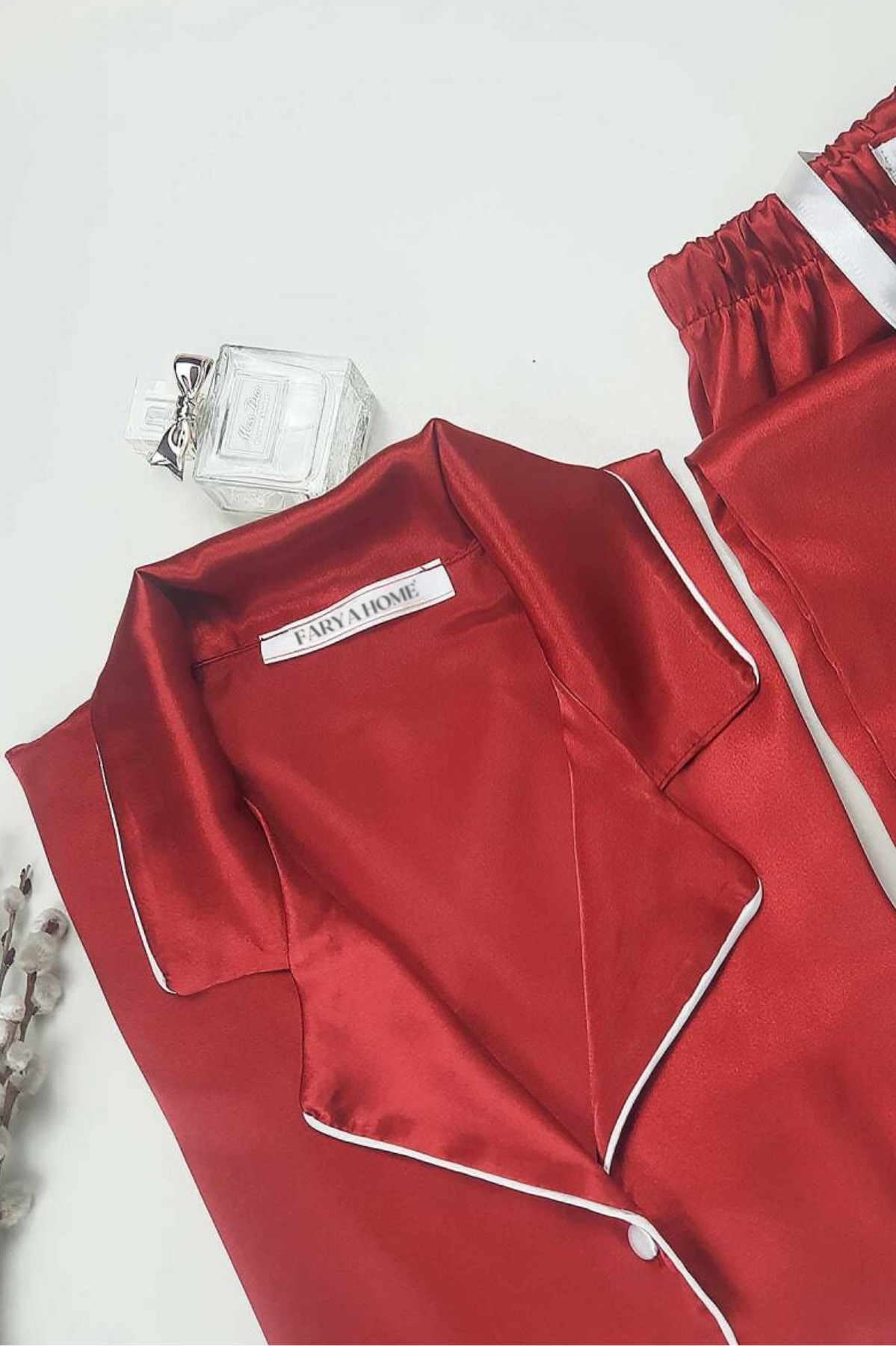 Faryanight İpek Saten Uzun Kollu Biyeli Düğmeli Gömlek Pijama Takımı - Bordo