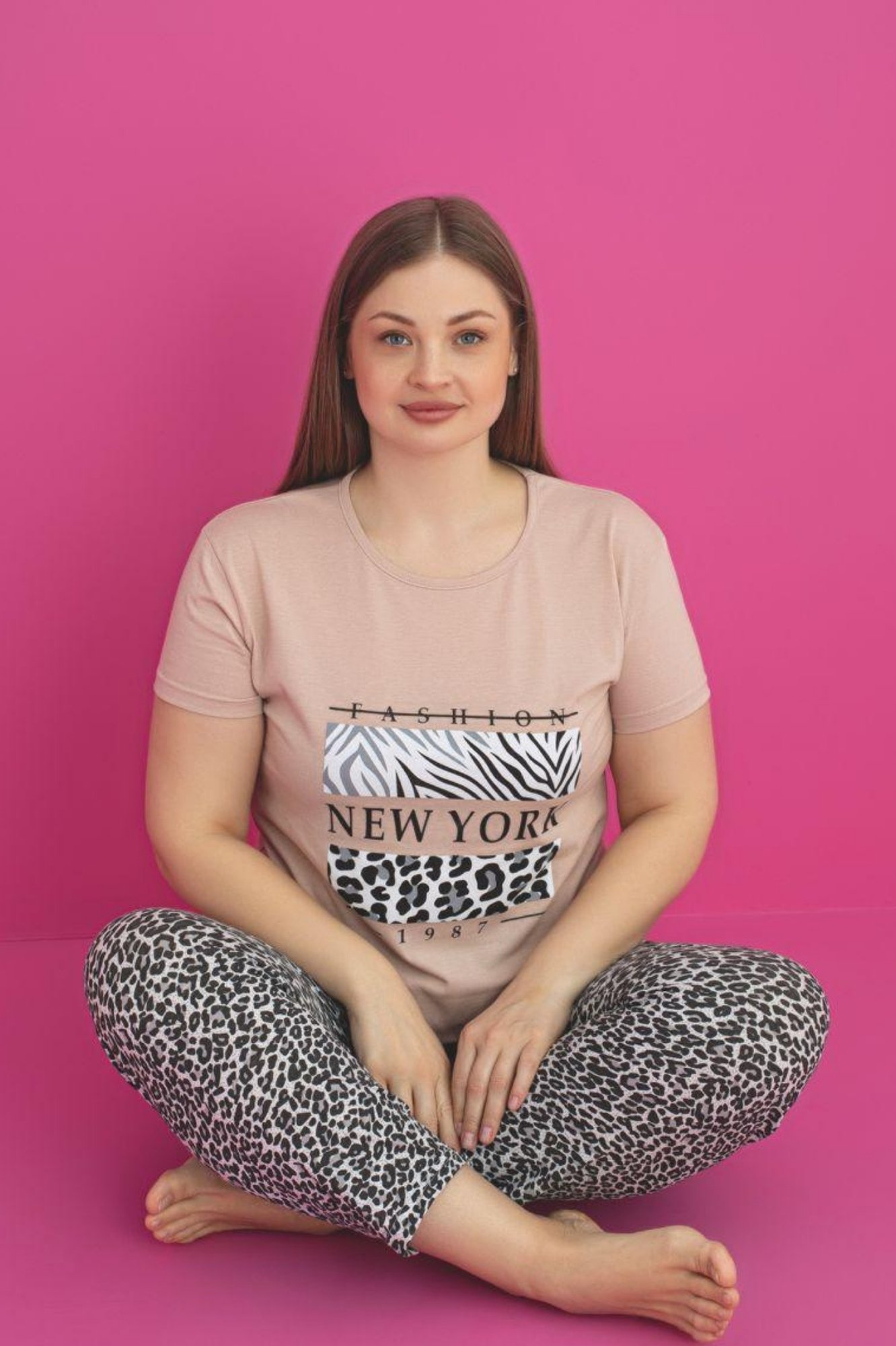 X-Dreamy Büyük Beden Pamuklu Leopar Desenli Kısa Kollu Pijama Takımı - Kahverengi