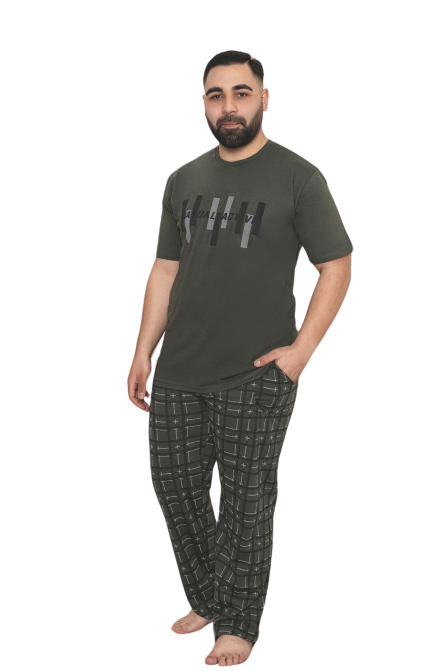 Büyük Beden Pamuklu Cepli Kısa Kollu Erkek Pijama Takımı - Yeşil