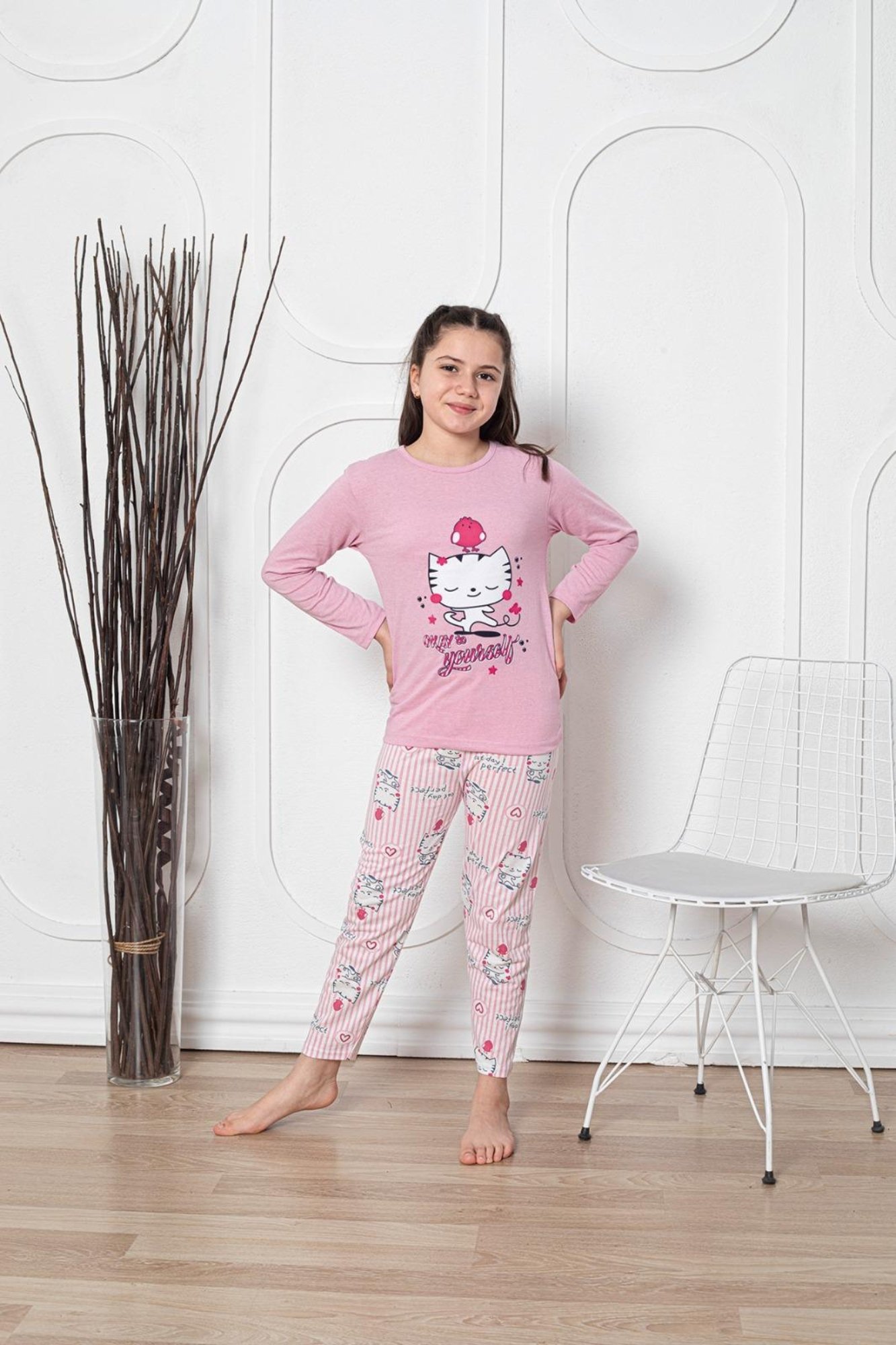 Faryakids Pamuklu Uzun Kollu Desenli Kız Çocuk Pijama Takımı - Pembe