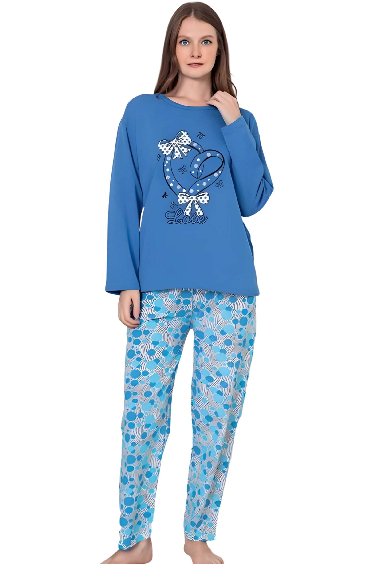 Dreamy Pamuklu Desenli 2 İplik Uzun Kollu Pijama Takımı - Mavi - Gri
