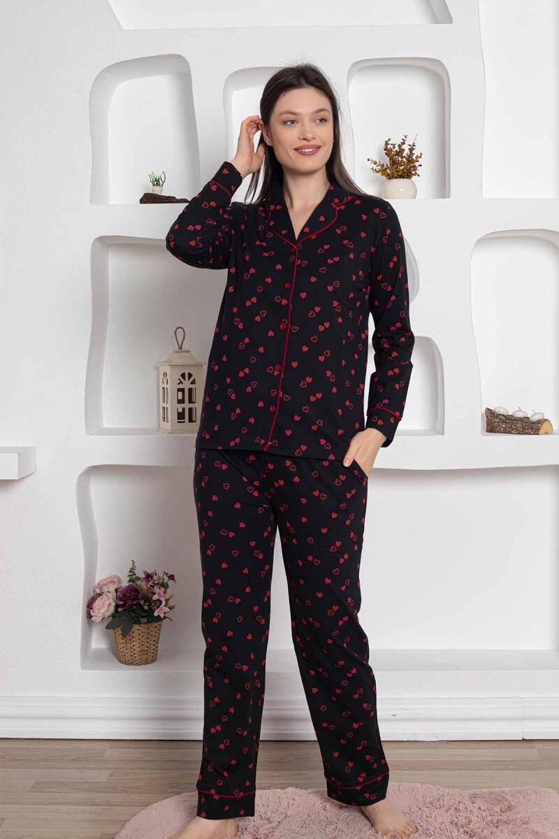 Dreamy Pamuklu Biyeli Kalp Desenli Uzun Kollu Cepli Gömlek Pijama Takımı - Siyah