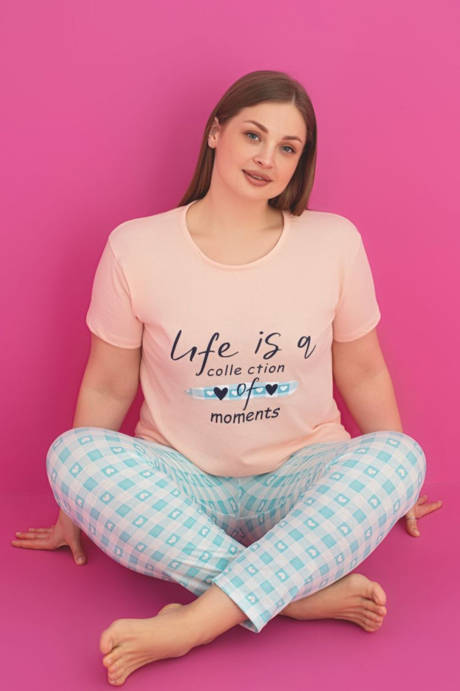 X-Dreamy Büyük Beden Pamuklu Desenli Kısa Kollu Pijama Takımı - Turkuaz