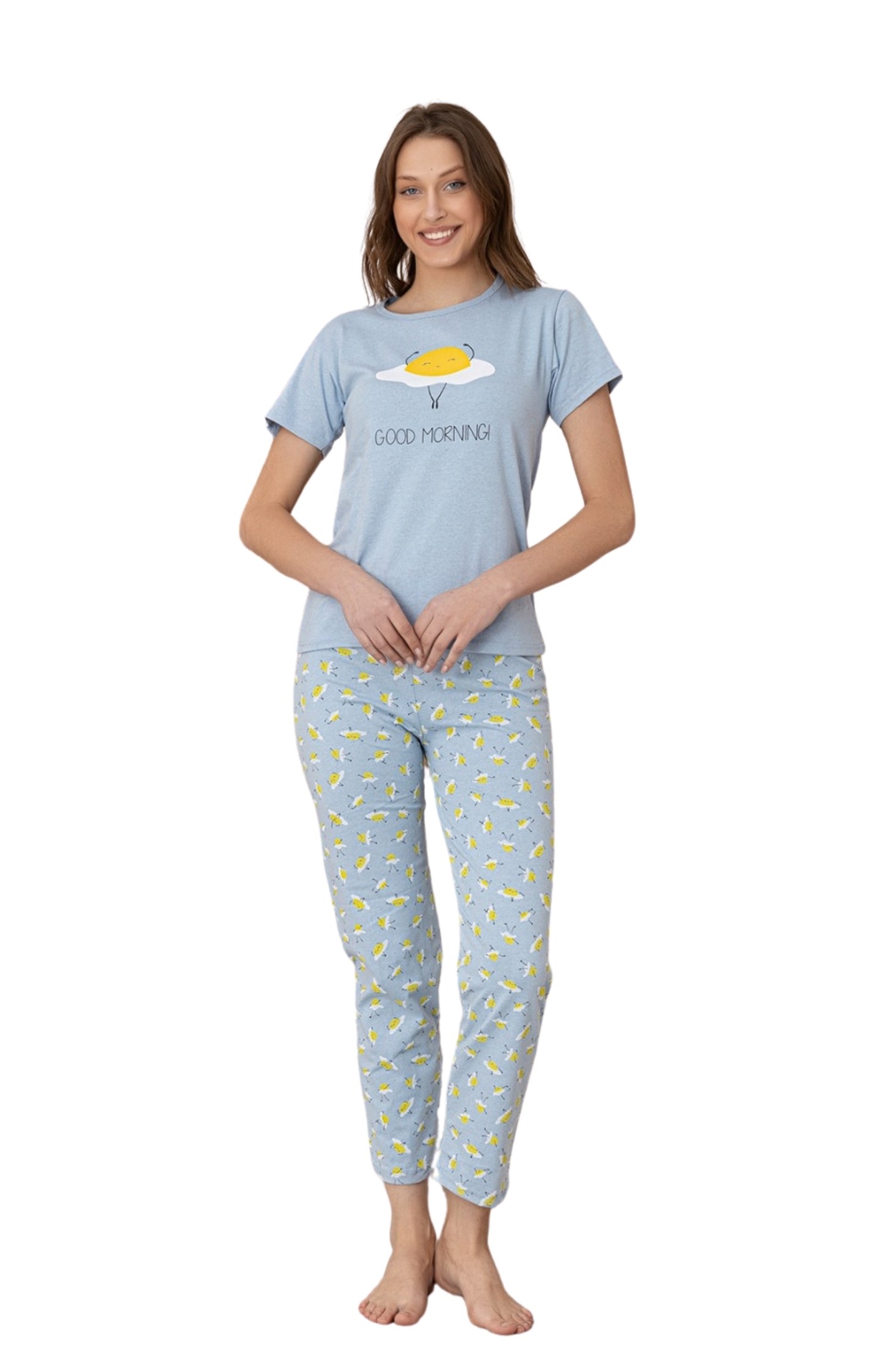 Dreamy Pamuklu Desenli Kısa Kollu Kadın Pijama Takımı - Mavi
