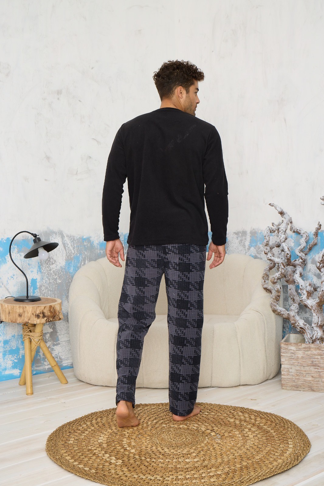 Luxury Soft Polar Ekose Kareli Nakışlı Desenli Erkek Pijama Takımı - Siyah