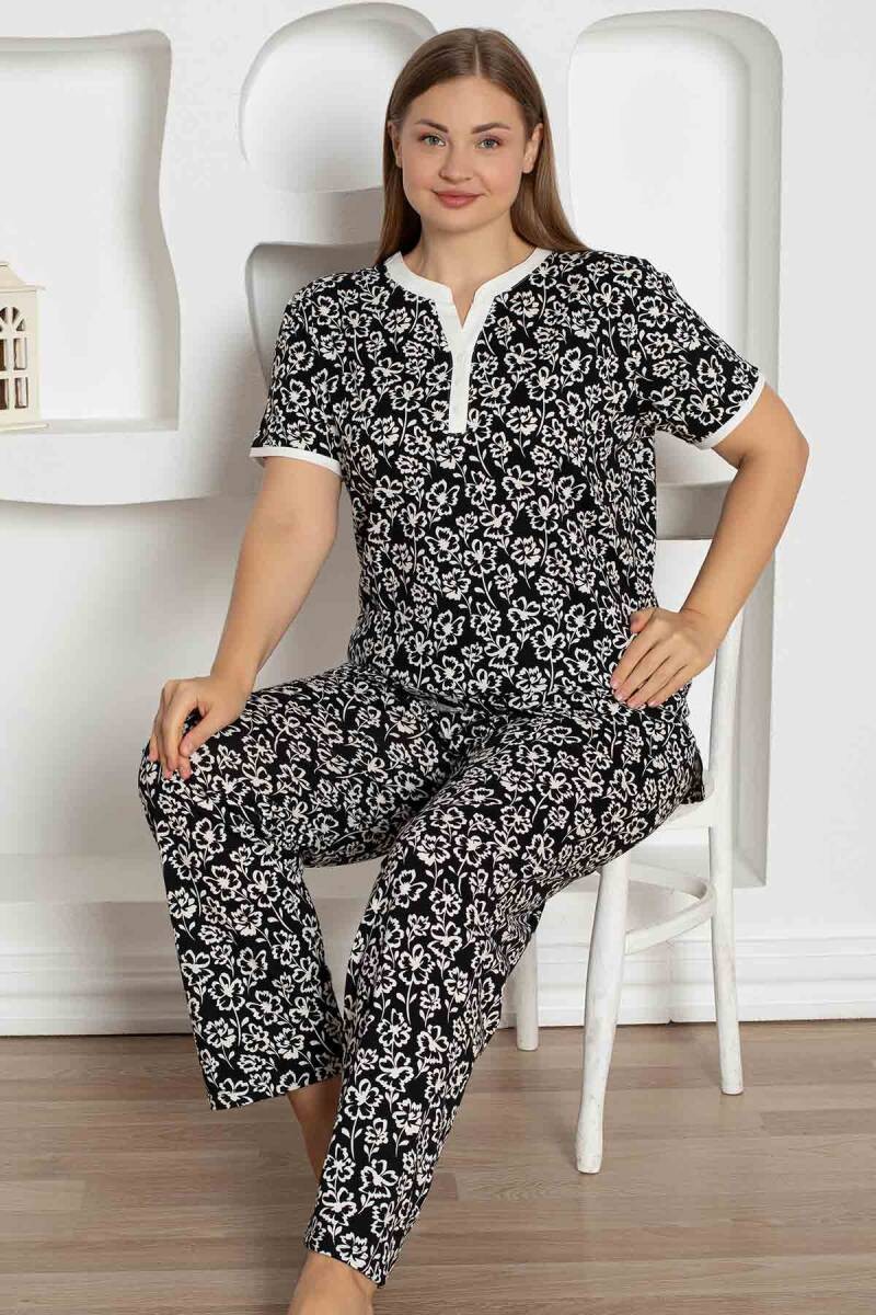 X-Dreamy Büyük Beden Likralı Pamuklu Çiçekli Kısa Kollu Pijama Takımı - Siyah