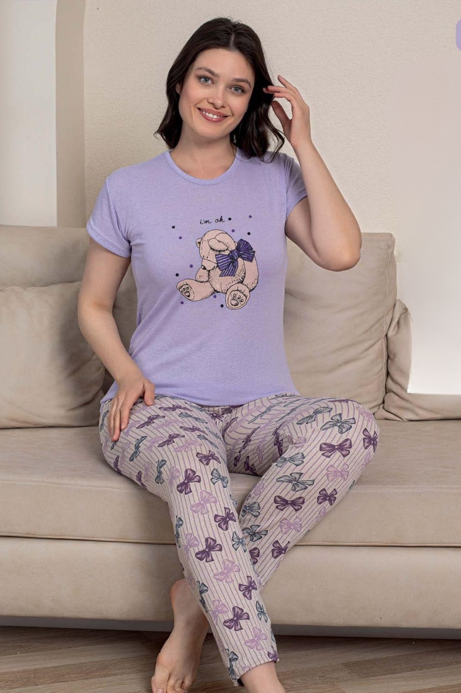 Ecodream Kısa Kollu Desenli Ekonomik Kadın Pijama Takımı - Lila