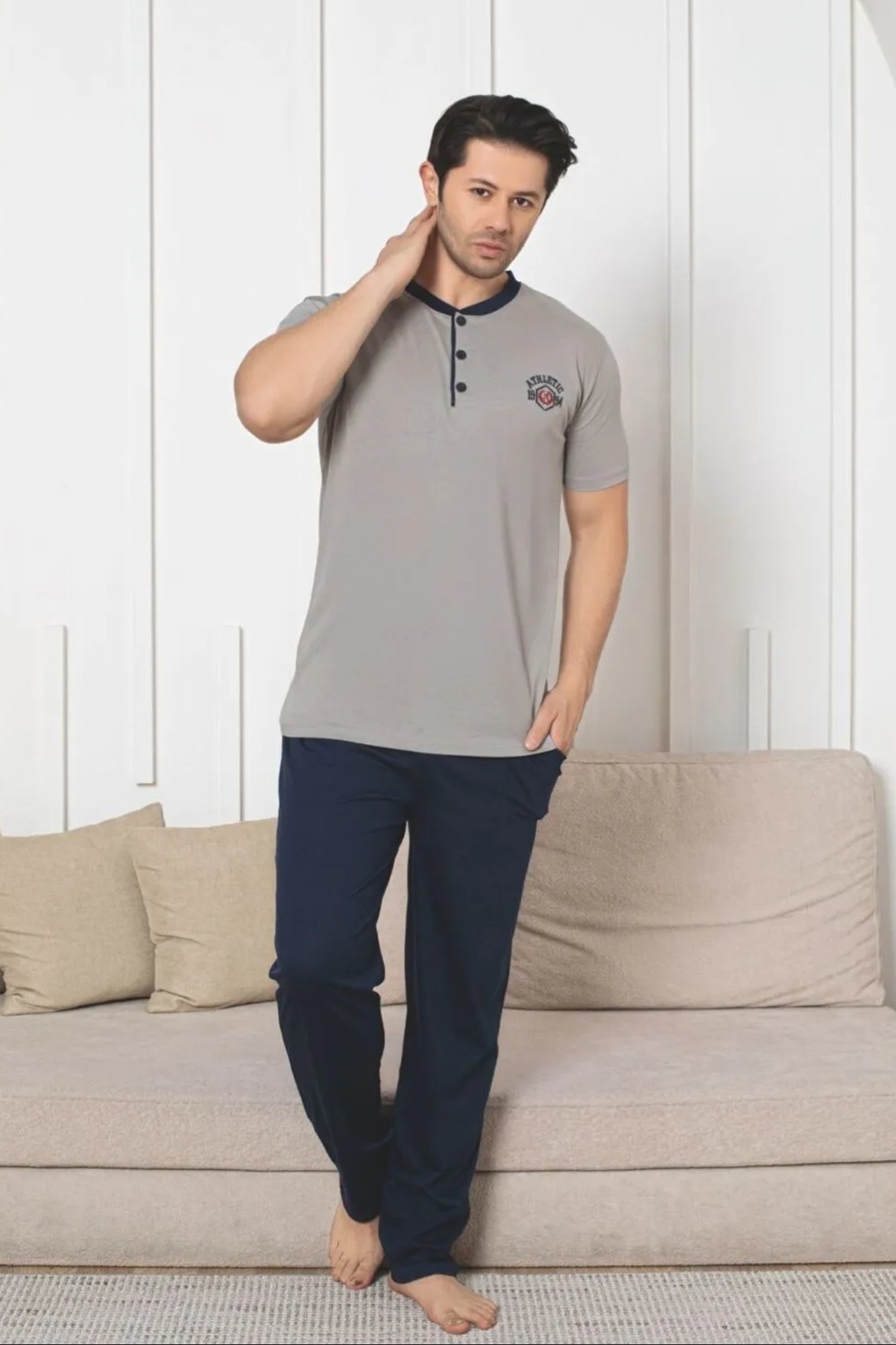 Dreamy Pamuklu Cepli Kısa Kollu Örme Erkek Pijama Takımı - Gri