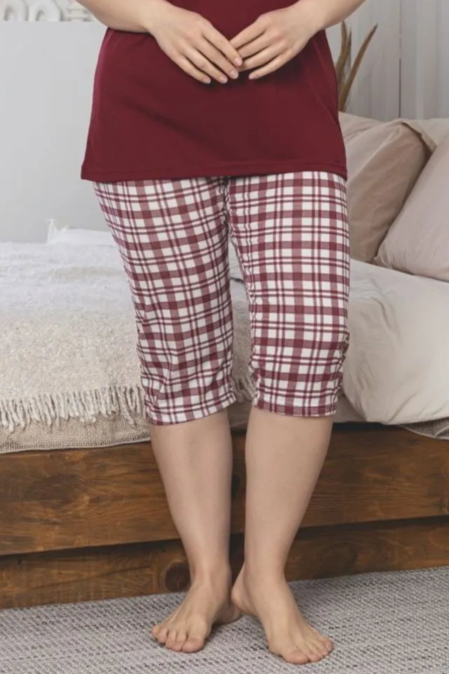 X-Dreamy Büyük Beden Pamuklu Desenli Düğmeli Yaka Kapri Pijama Takımı - Kırmızı