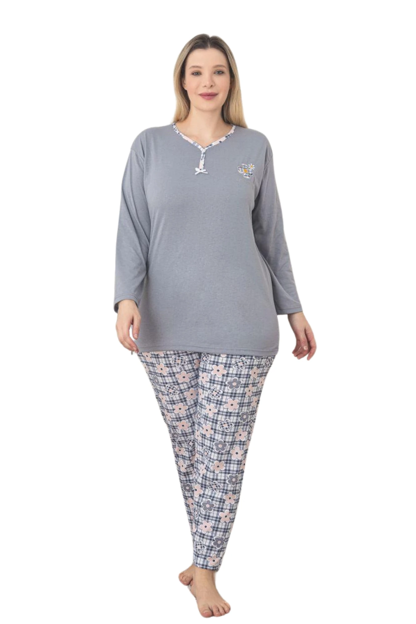 X-Dreamy Büyük Beden Pamuklu Desenli Uzun Kollu Pijama Takımı