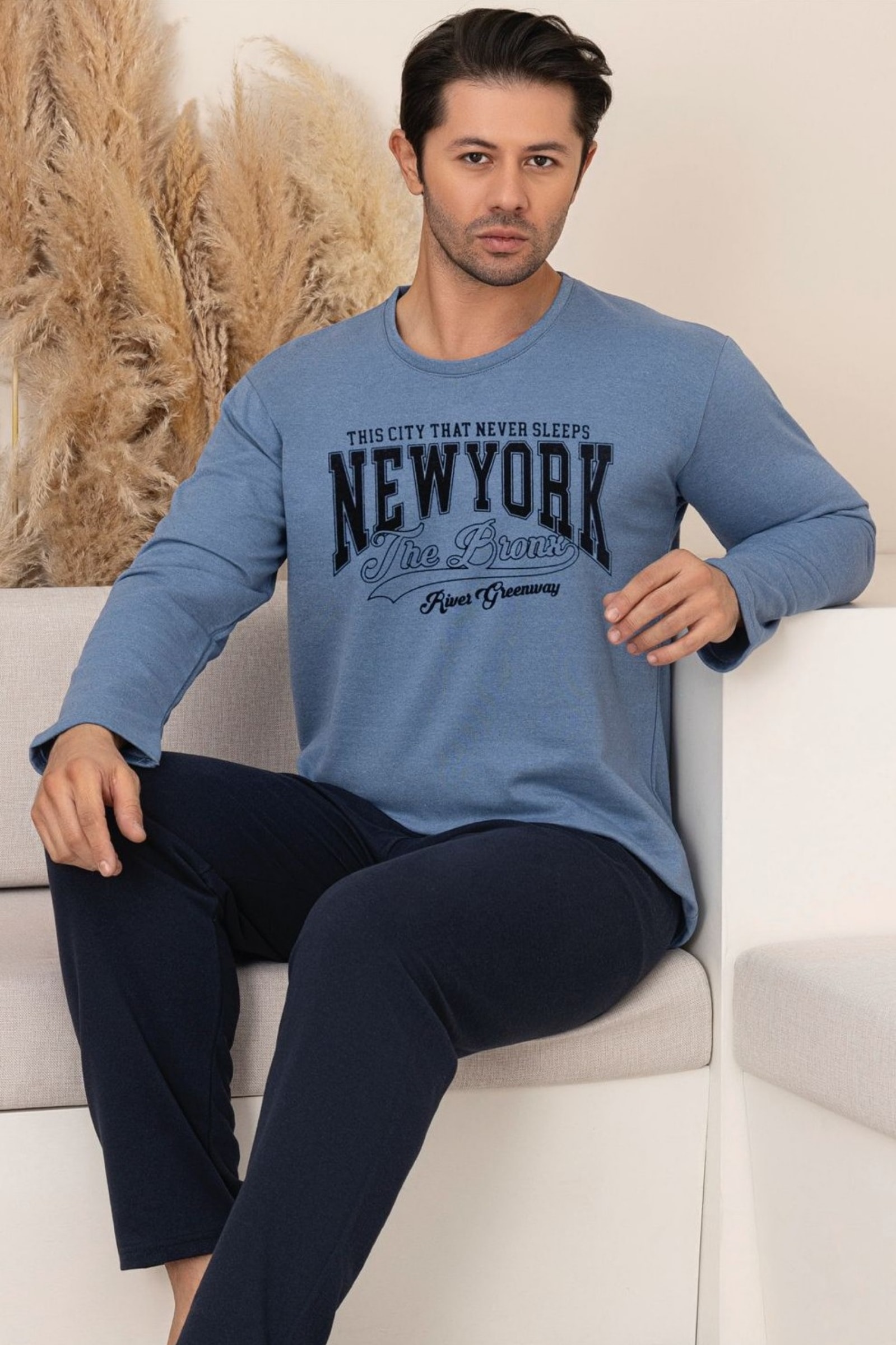 Pamuklu Kalın Kışlık 2 iplik Şardonlu Örme Erkek Pijama Takımı - Mavi