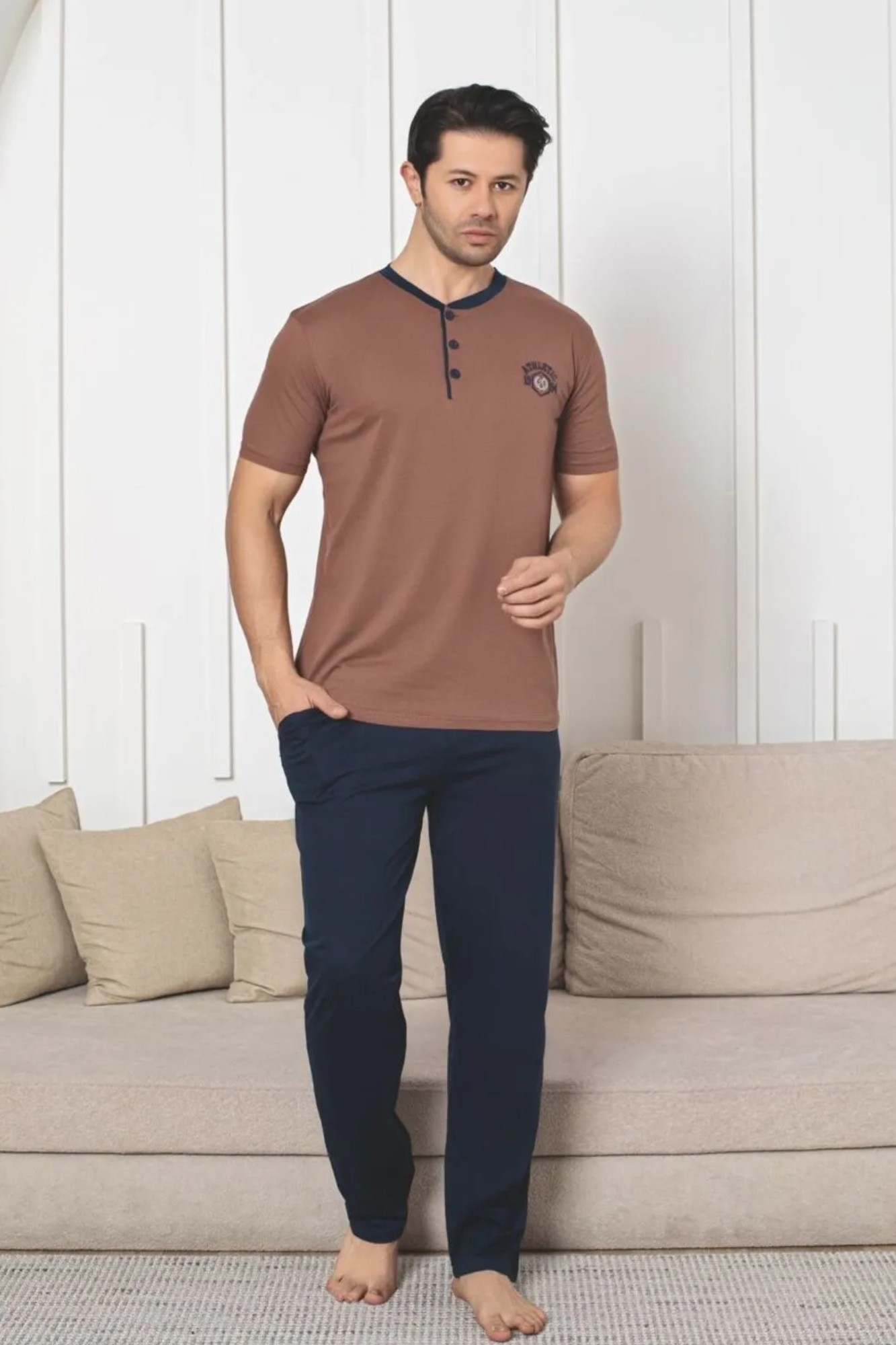 Dreamy Pamuklu Cepli Kısa Kollu Örme Erkek Pijama Takımı - Kahverengi