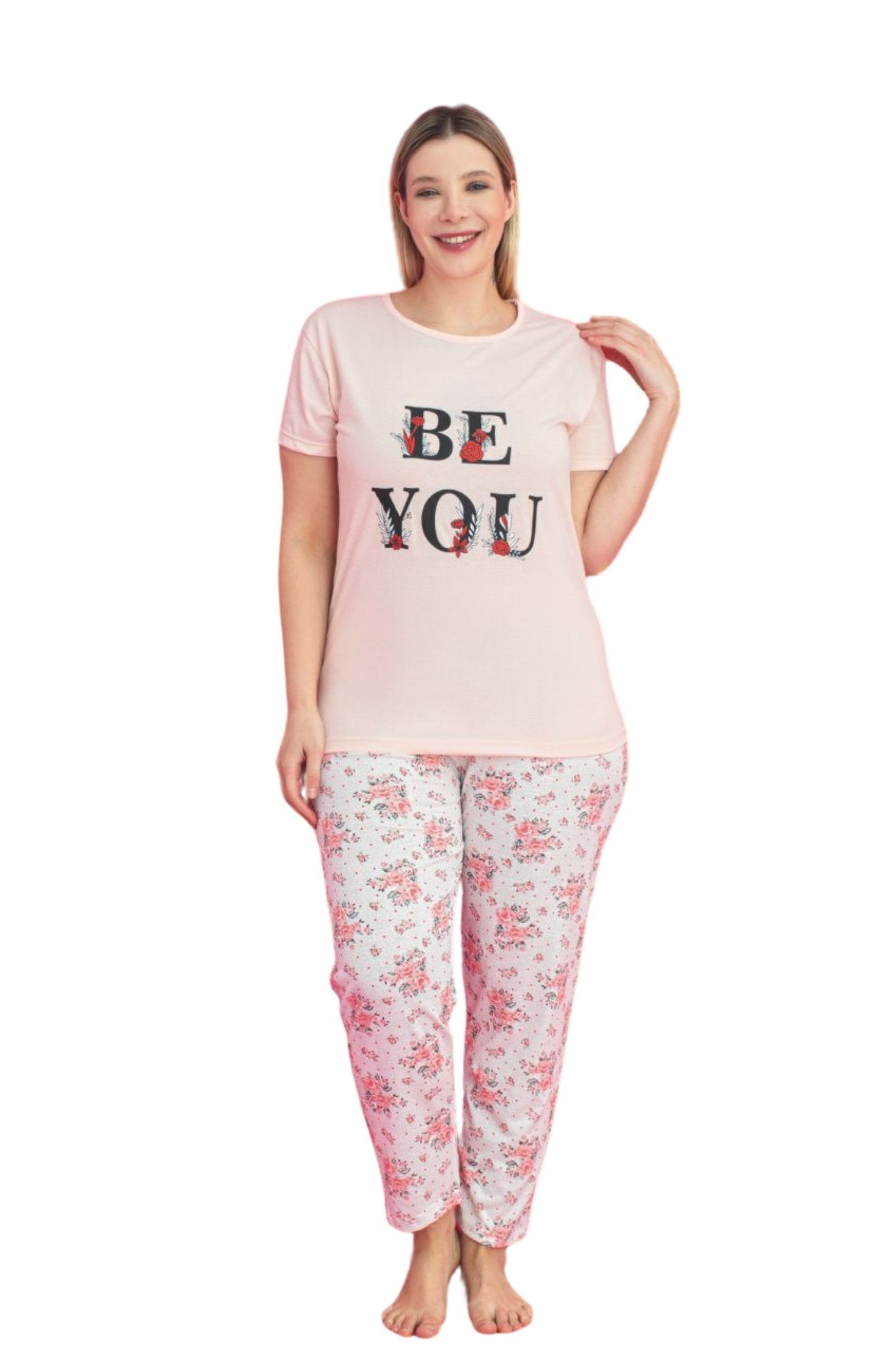 X-Dreamy Büyük Beden Pamuklu Desenli Kısa Kollu Pijama Takımı - Somon