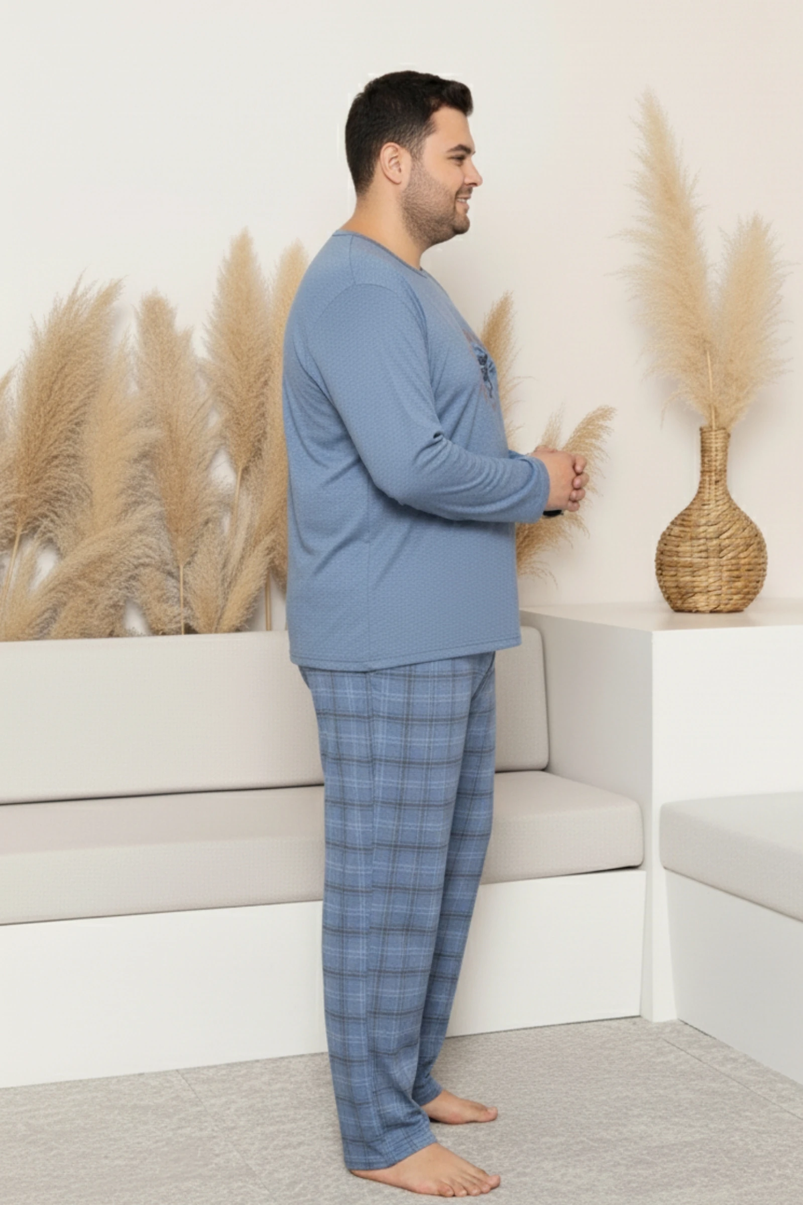 Büyük Beden Pamuklu Uzun Kollu Ekose Kareli Erkek Pijama Takımı - Mavi