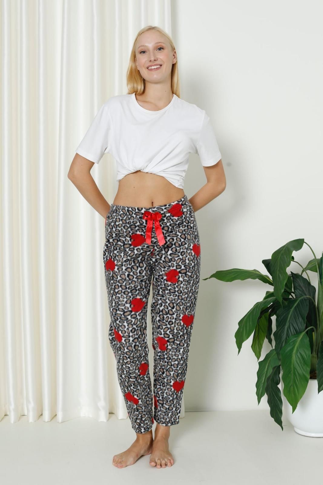 Luxury Soft Welsoft Polar Desenli Kurdeleli Kışlık Pijama Altı Pantolon - Leopar