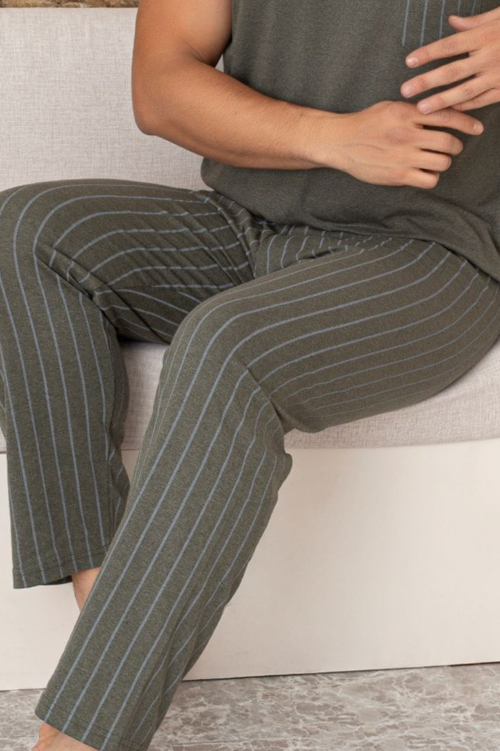 Pamuklu Cep Detaylı Desenli Kısa Kollu Örme Erkek Pijama Takımı - Yeşil