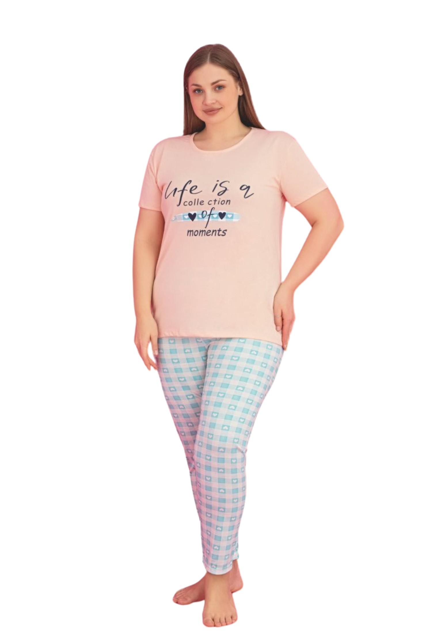 X-Dreamy Büyük Beden Pamuklu Desenli Kısa Kollu Pijama Takımı - Turkuaz