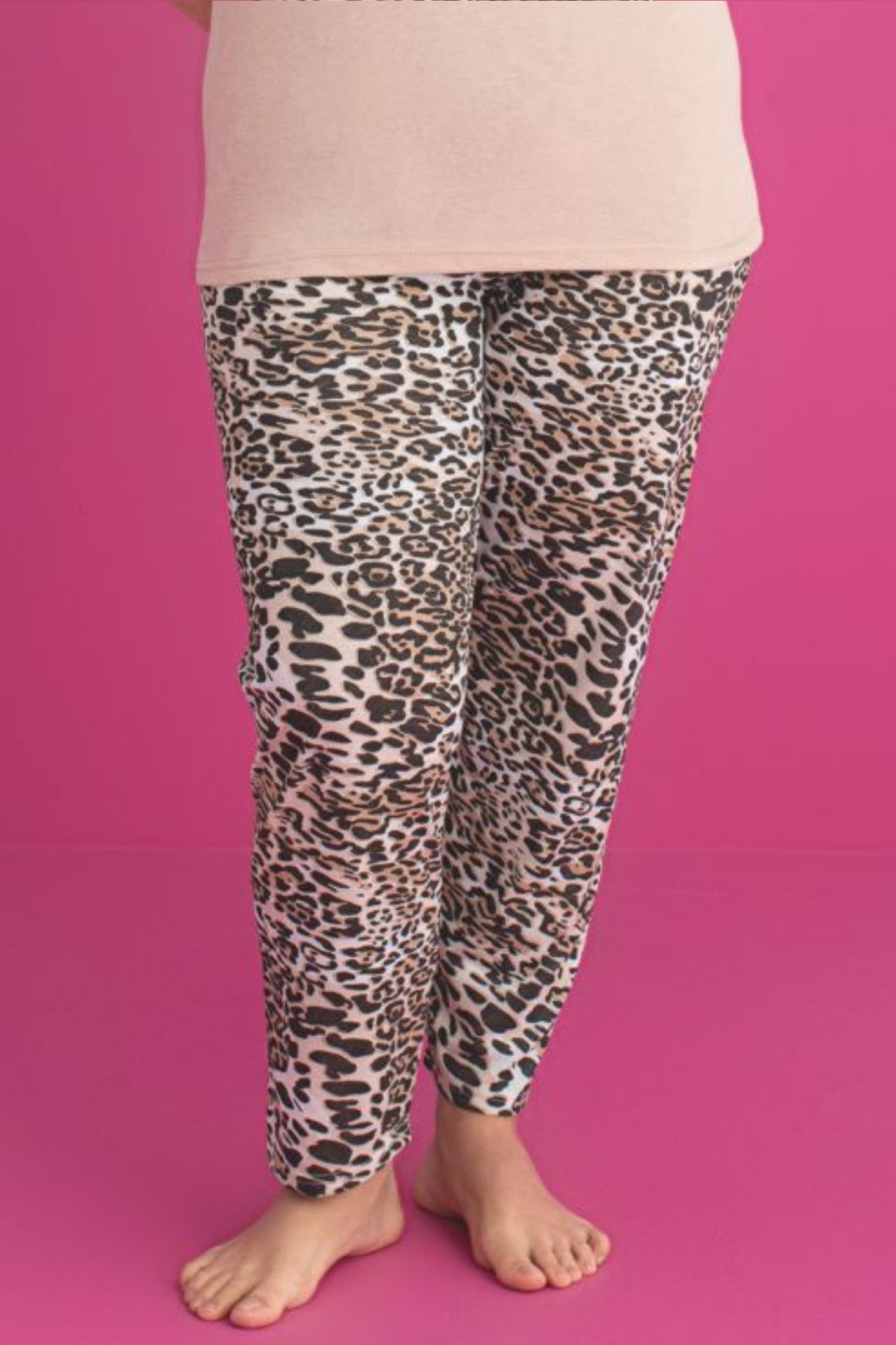X-Dreamy Büyük Beden Pamuklu Leopar Desenli Kısa Kollu Pijama Takımı - Bej