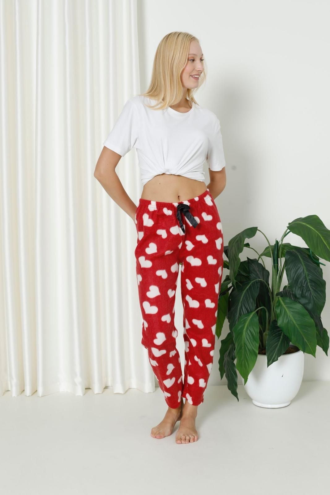 Luxury Soft Welsoft Polar Desenli Kurdeleli Kışlık Pijama Altı Pantolon - Kırmızı
