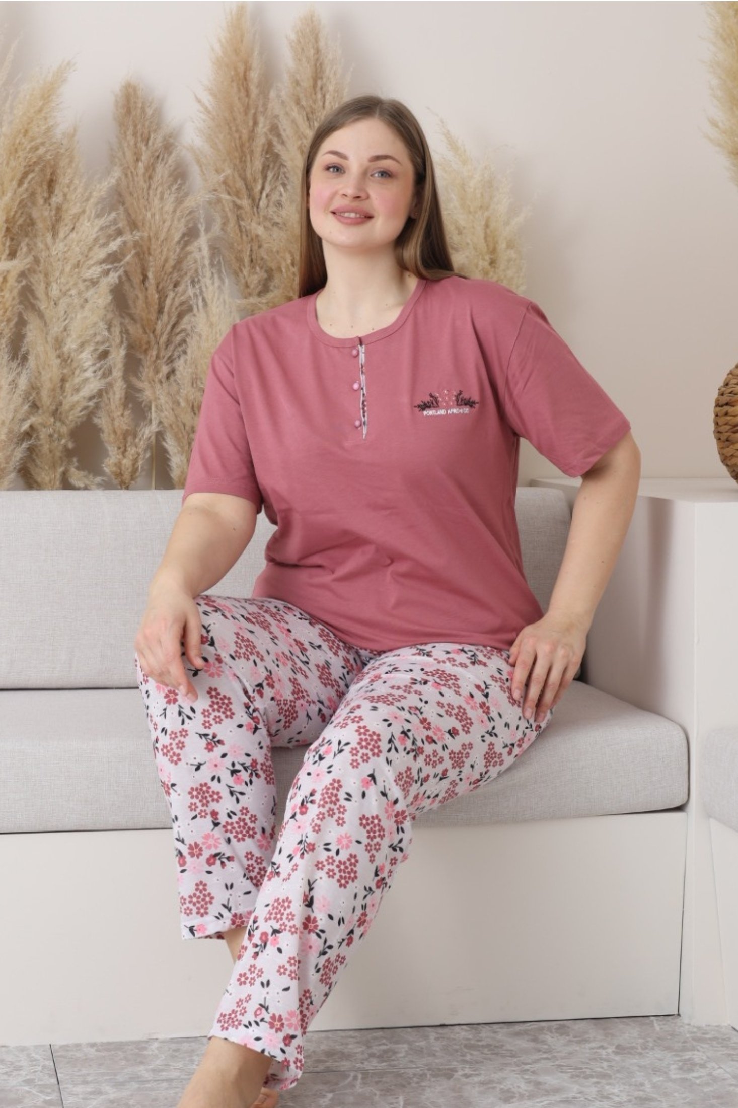 X-Dreamy Büyük Beden Pamuklu Düğmeli Yaka Kısa Kollu Penye Pijama Takımı - Yavruağzı