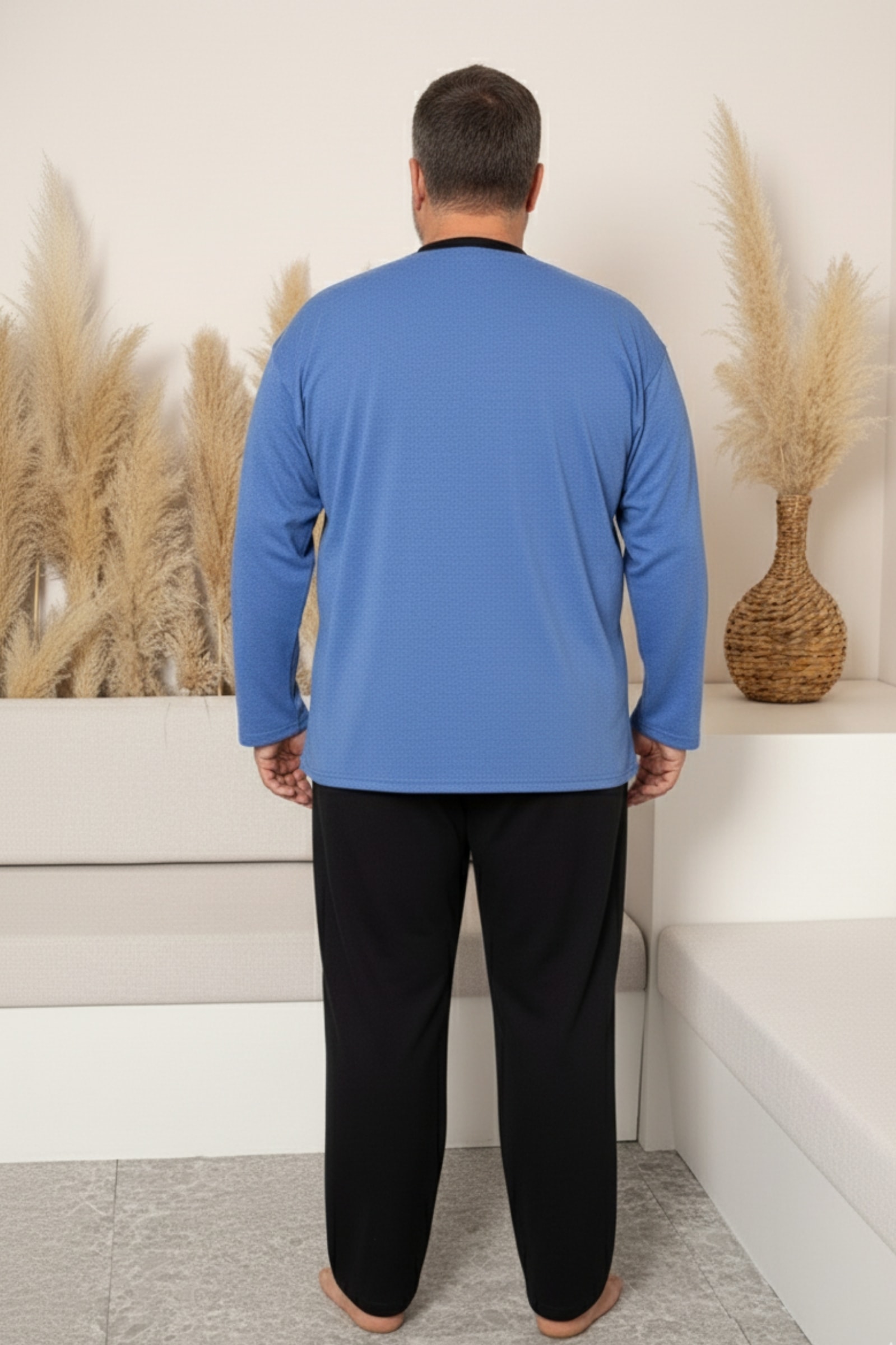 Büyük Beden Pamuklu Uzun Kollu Düğmeli Yaka Erkek Pijama Takımı