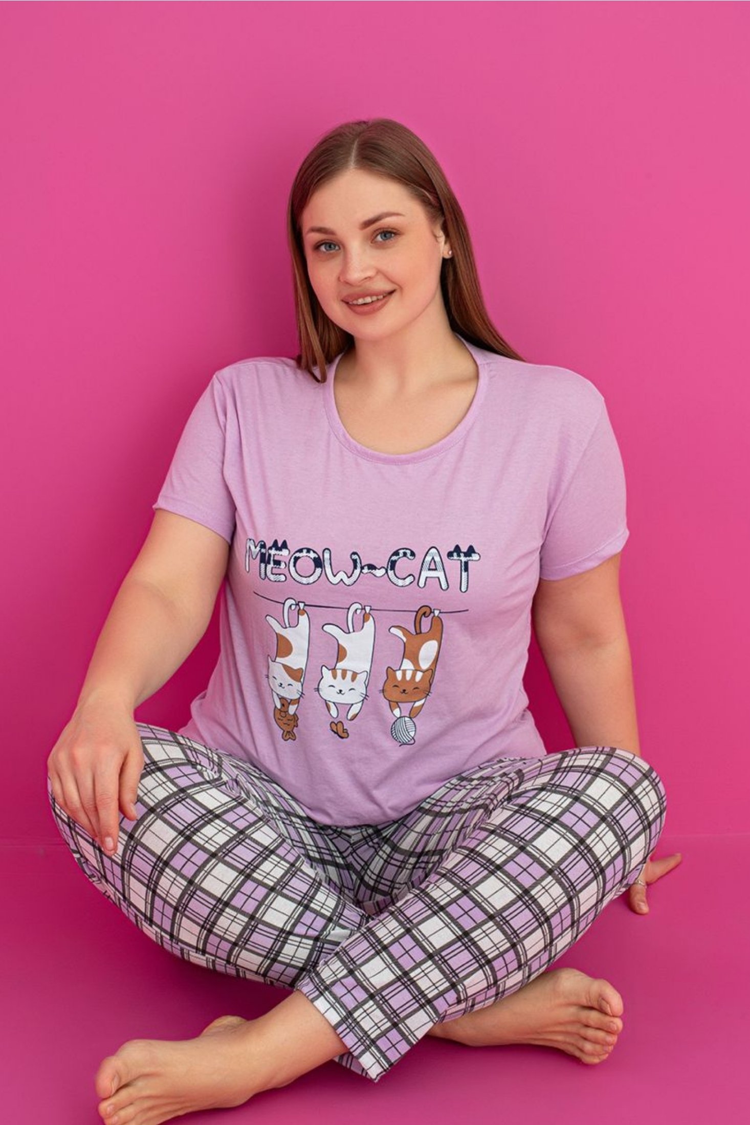 X-Dreamy Büyük Beden Pamuklu Desenli Kısa Kollu Pijama Takımı - Lila