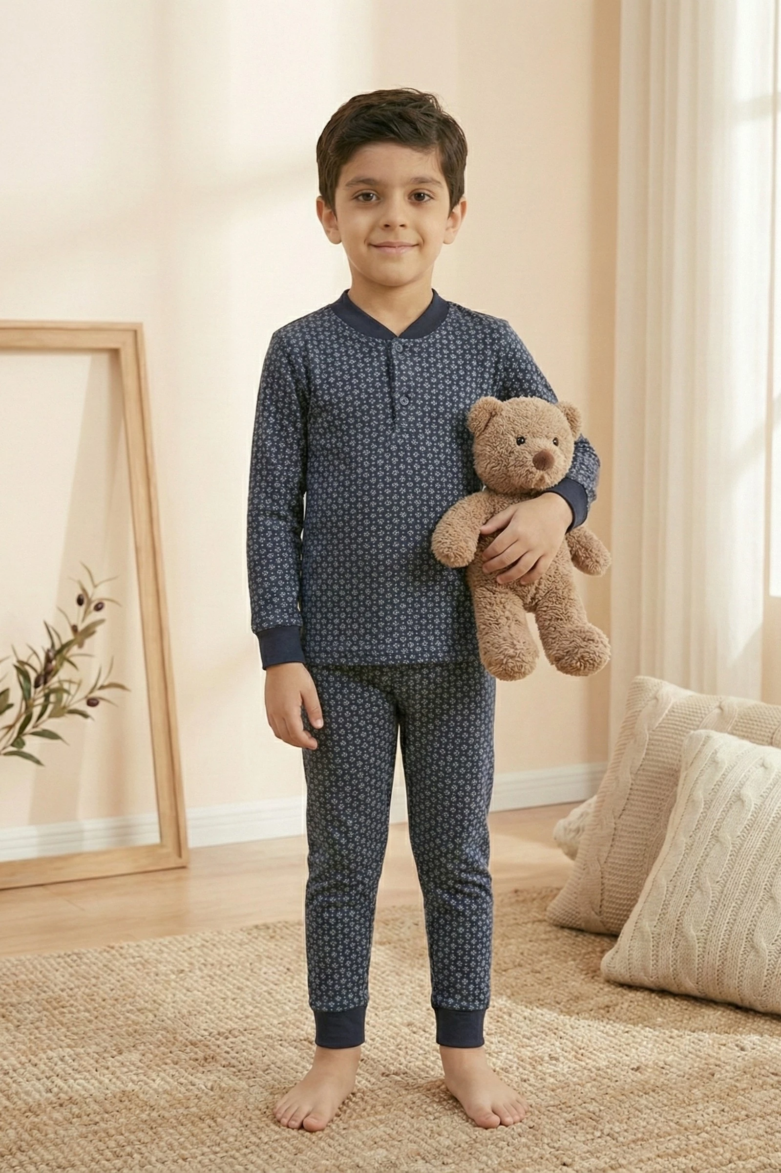 Pamuklu 2 iplik Şardonlu Manşetli Düğmeli Yaka Erkek Çocuk Pijama Takımı - Lacivert