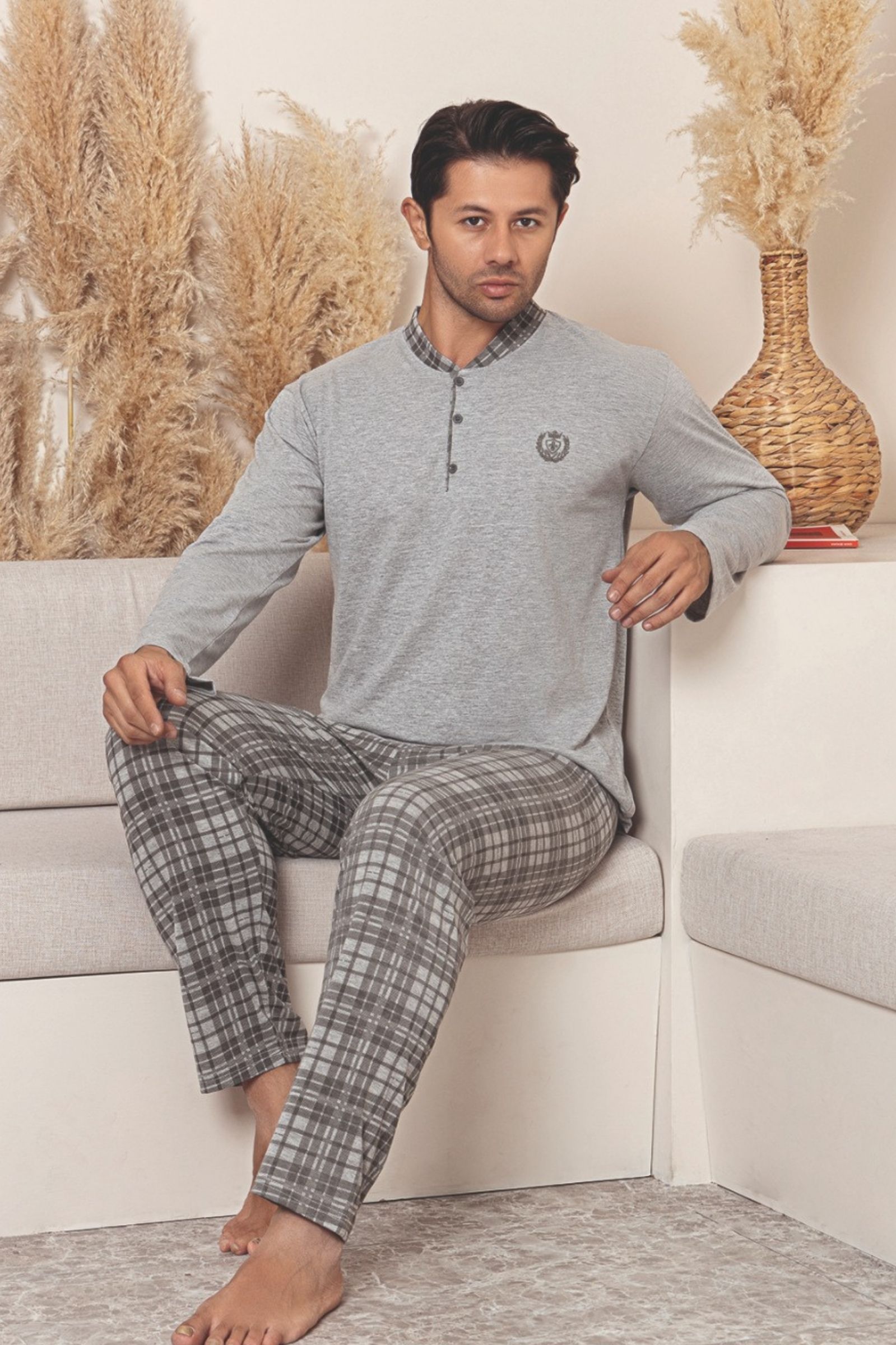 Dreamy Pamuklu Ekose Kareli Uzun Kollu Düğmeli Yaka Erkek Pijama Takımı