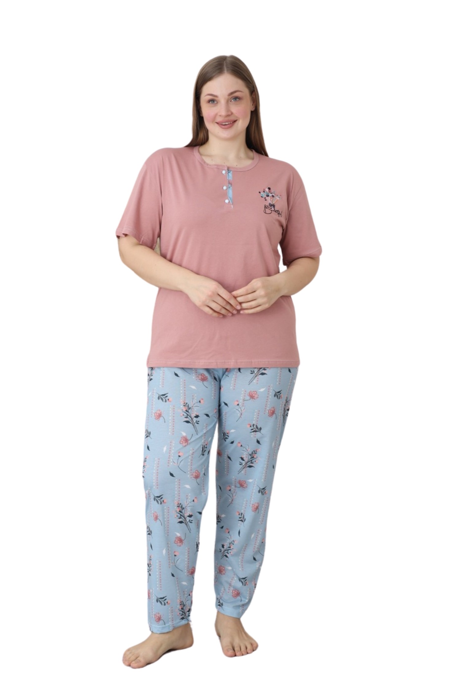 X-Dreamy Büyük Beden Pamuklu Düğmeli Yaka Kısa Kollu Penye Pijama Takımı - Somon