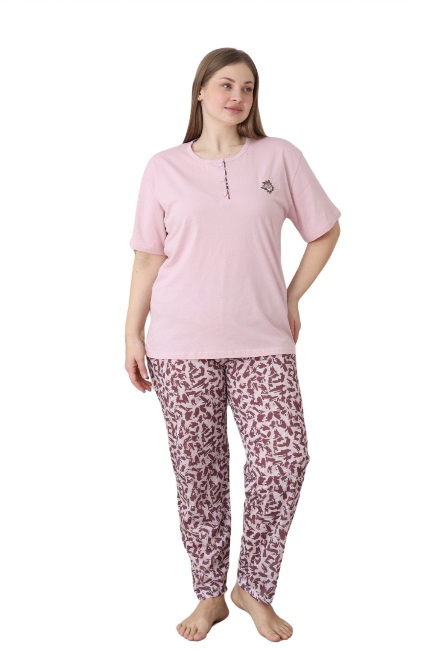 X-Dreamy Büyük Beden Pamuklu Düğmeli Yaka Kısa Kollu Penye Pijama Takımı
