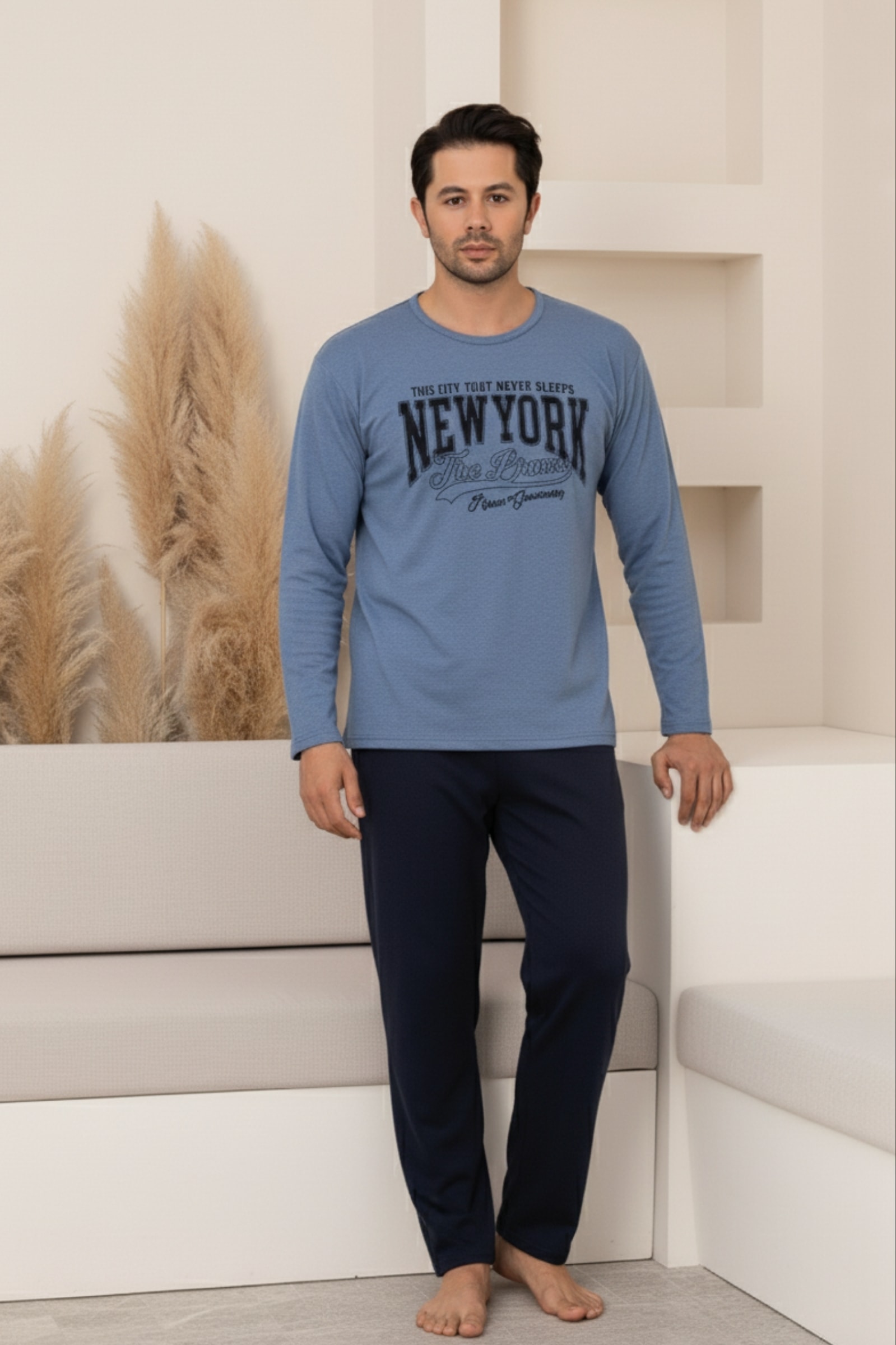 Pamuklu Kalın Kışlık 2 iplik Şardonlu Örme Erkek Pijama Takımı - Mavi