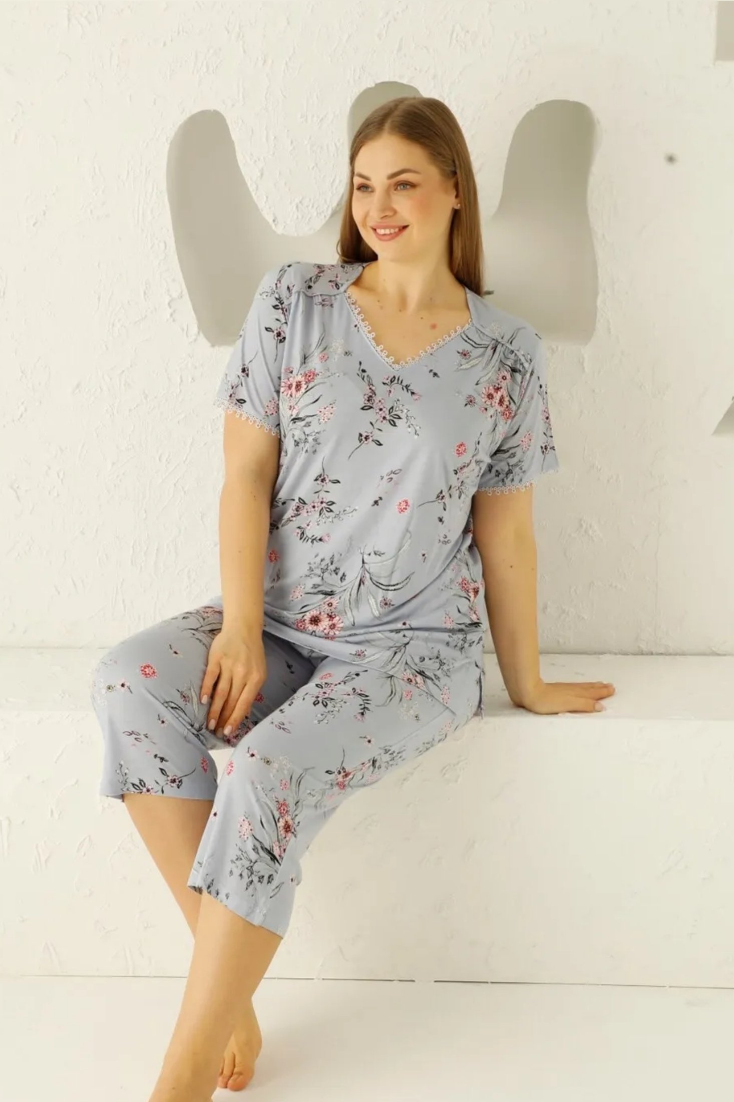 X-Dreamy Büyük Beden Likralı Dantelli Çiçekli Bermuda Kapri Takım