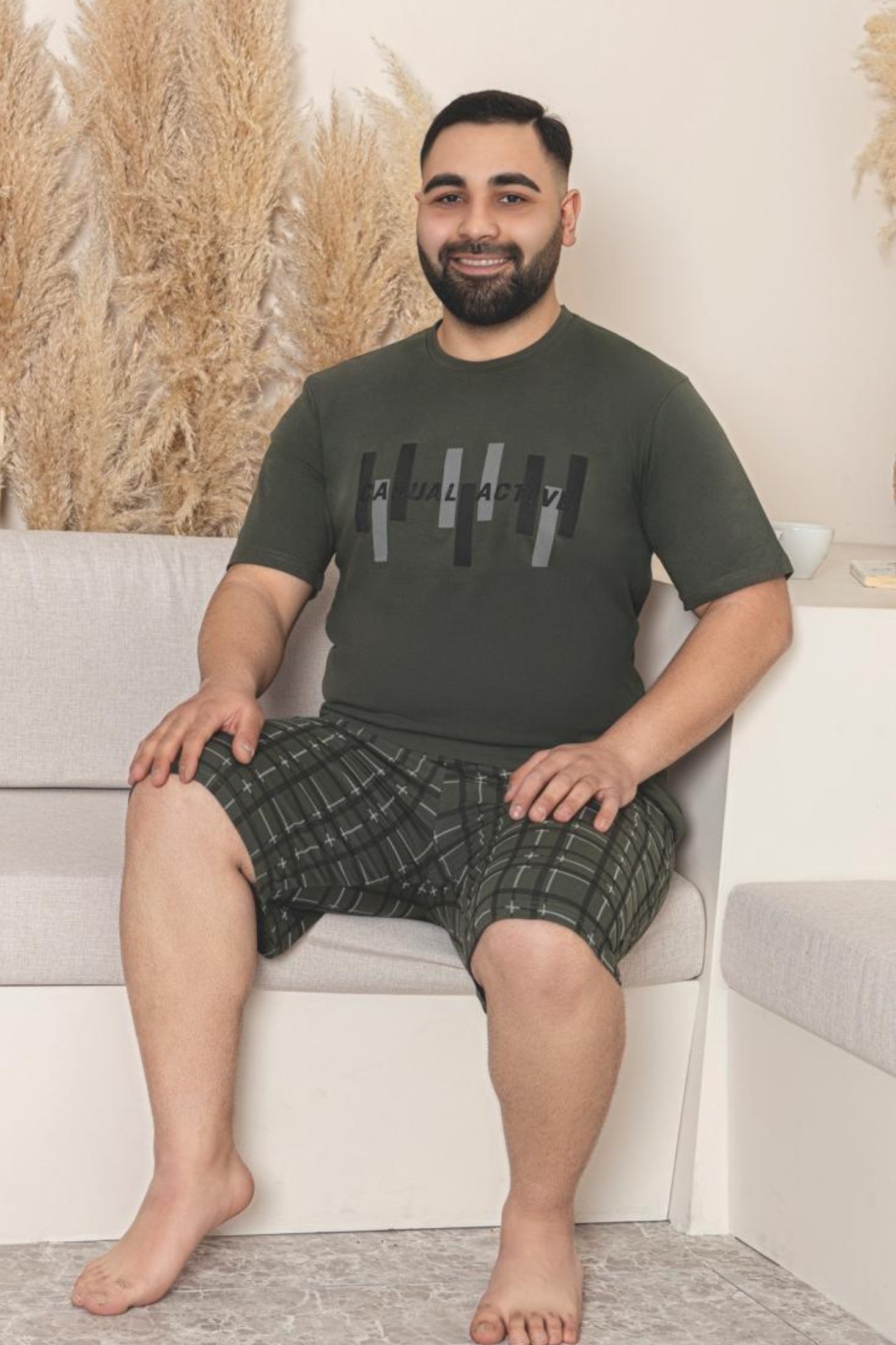 Büyük Beden Pamuklu Cepli Kısa Kollu Şortlu Erkek Pijama Takımı - Yeşil