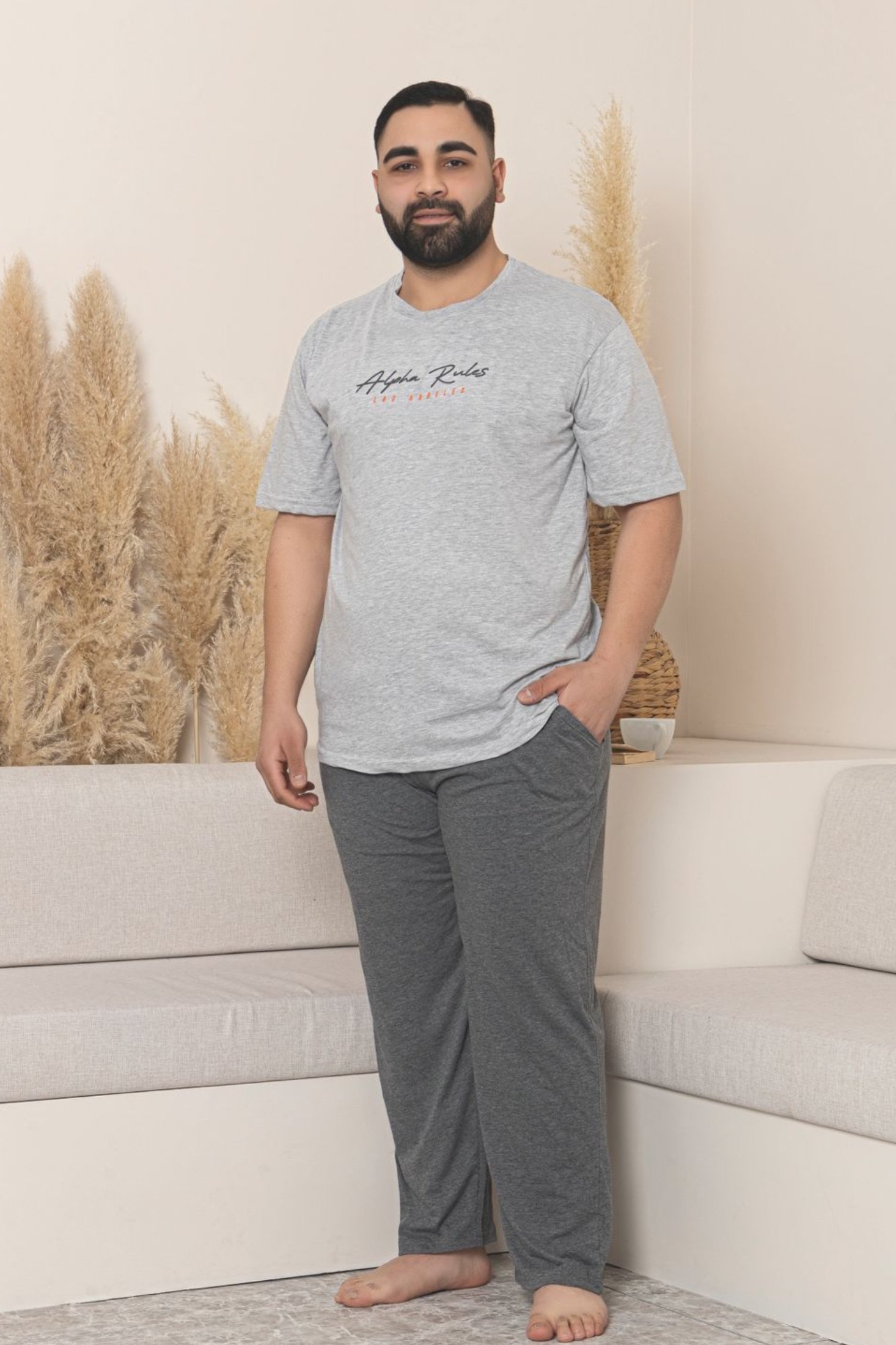 Büyük Beden Pamuklu Cepli Kısa Kollu Erkek Pijama Takımı - Gri