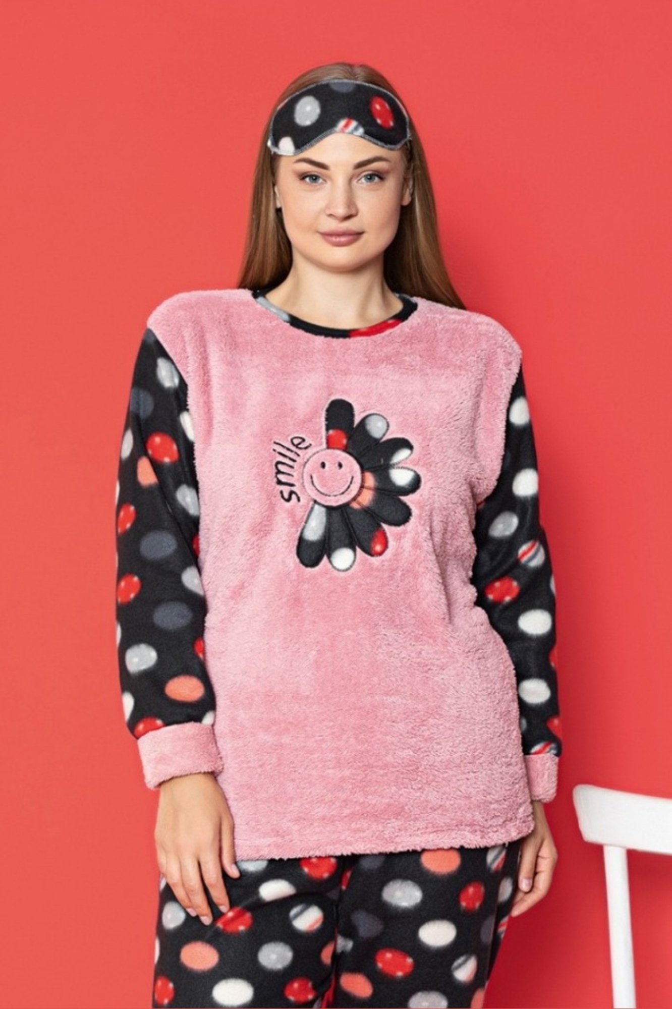 X-Dreamy Büyük Beden Welsoft Polar Puantiyeli Peluş Pijama Takımı - Pembe