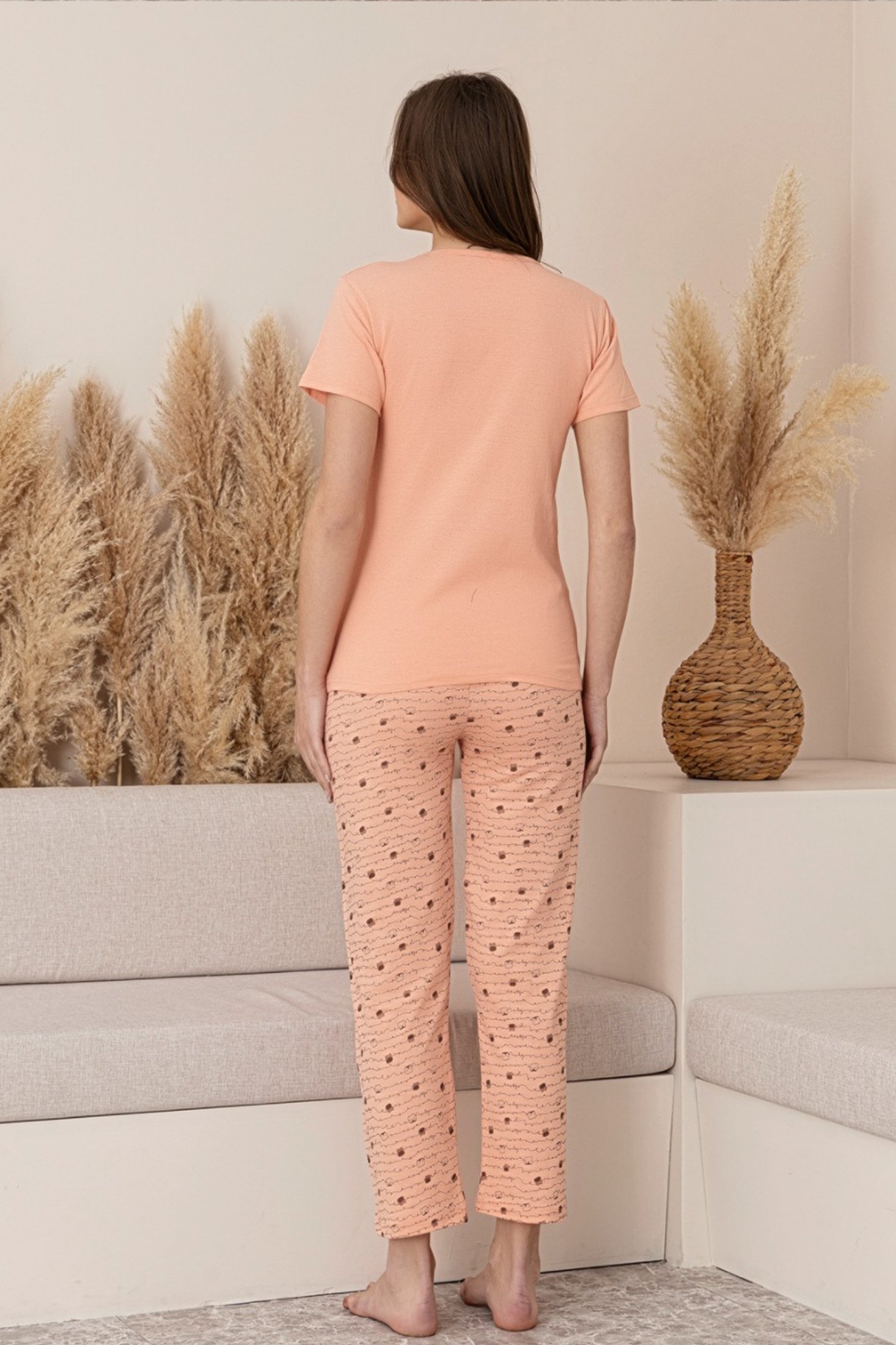 Dreamy Pamuklu Desenli Kısa Kollu Kadın Pijama Takımı - Somon