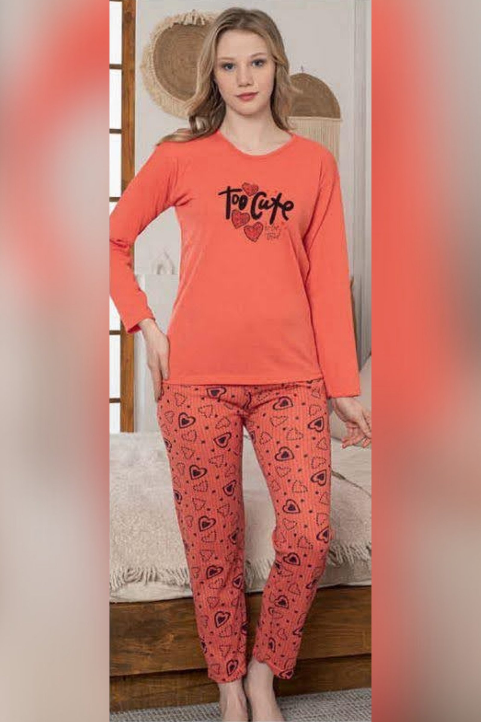Ecodream Uzun Kollu Desenli Ekonomik Kadın Pijama Takımı - Turuncu