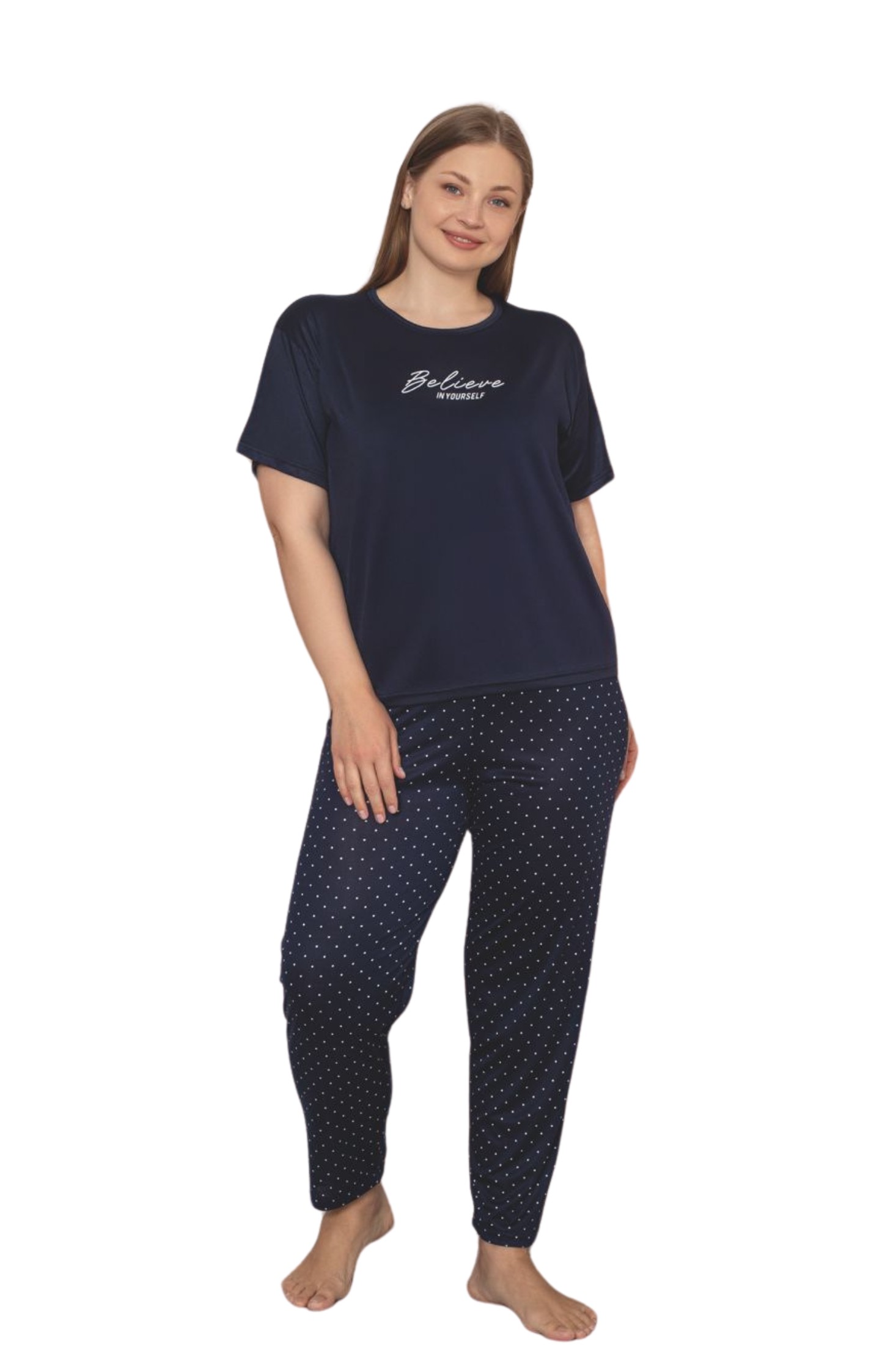 Büyük Beden Milan Bambu Kısa Kollu Likralı Penye Pijama Takımı - Lacivert