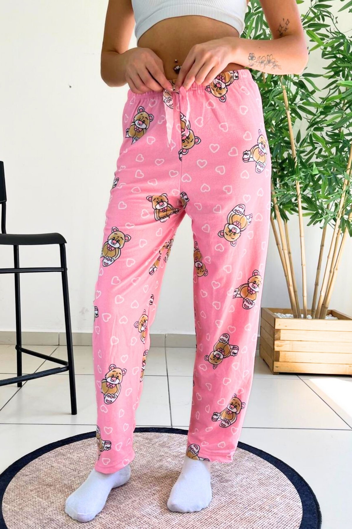 Dreamy Soft Kadife Dokulu Ayıcık Desenli Süet Pijama Altı Pantolon - Pembe