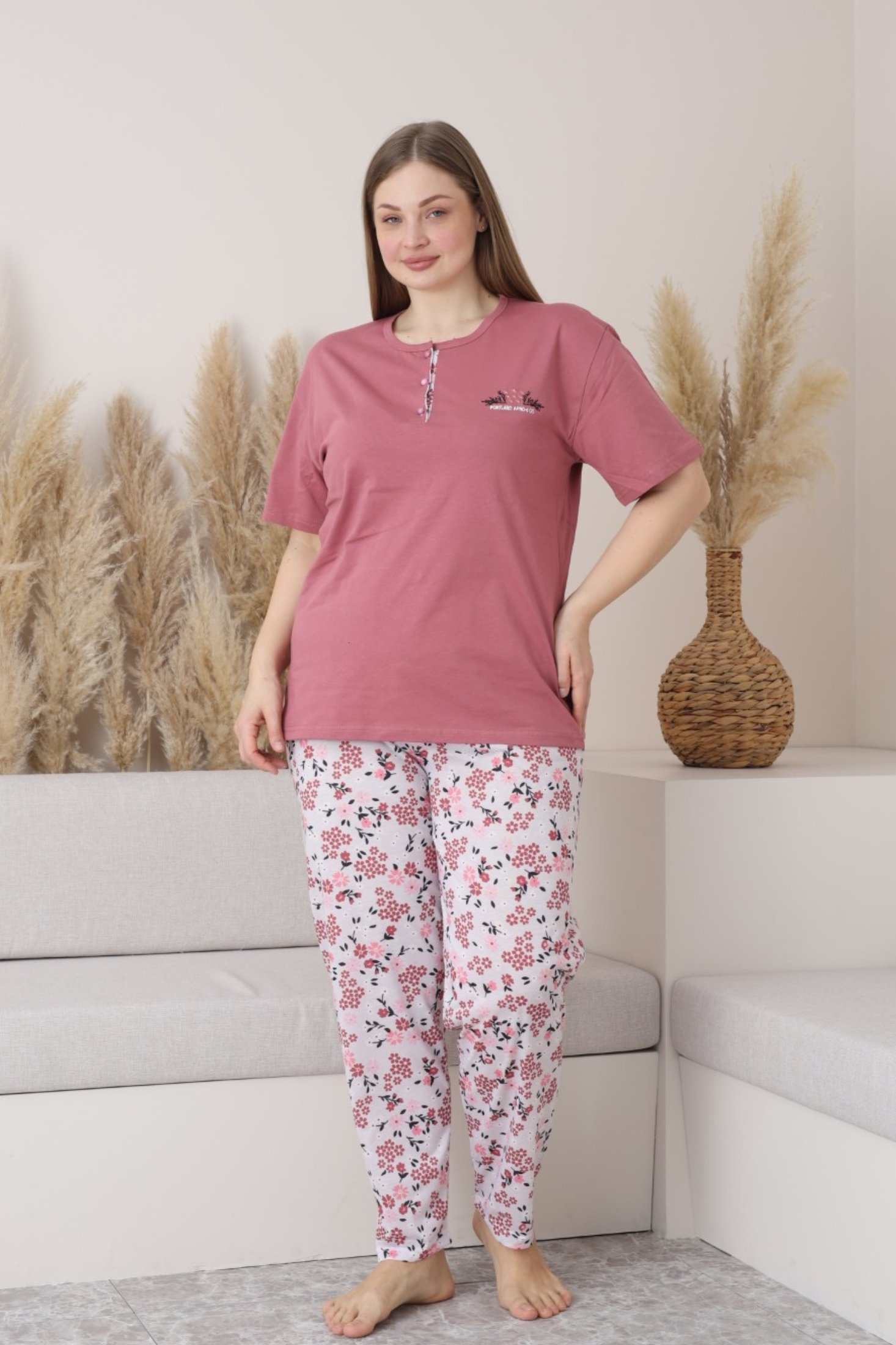 X-Dreamy Büyük Beden Pamuklu Düğmeli Yaka Kısa Kollu Penye Pijama Takımı - Yavruağzı