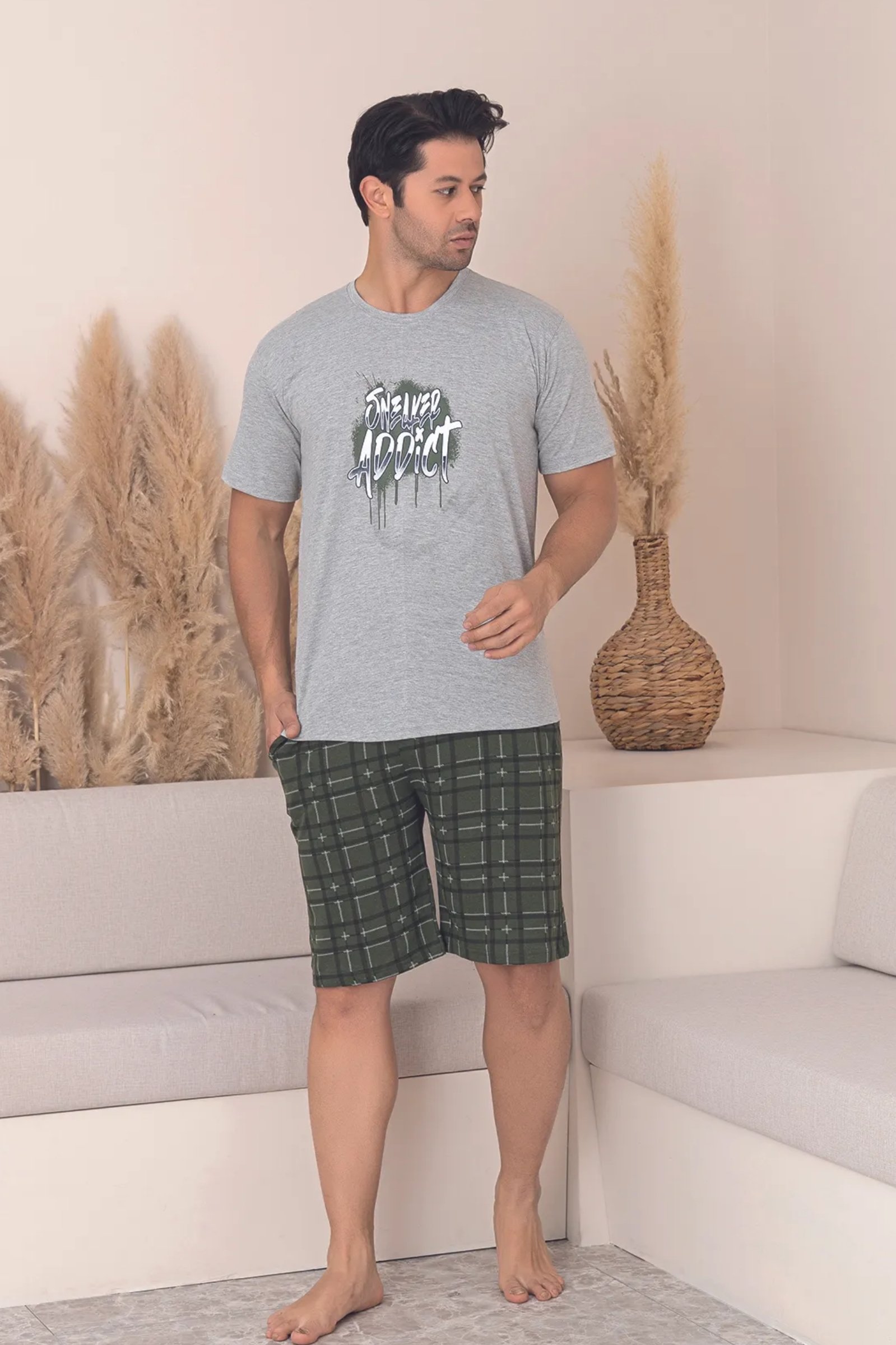 Dreamy Pamuklu Cepli Desenli Kısa Kollu Şortlu Erkek Pijama Takımı
