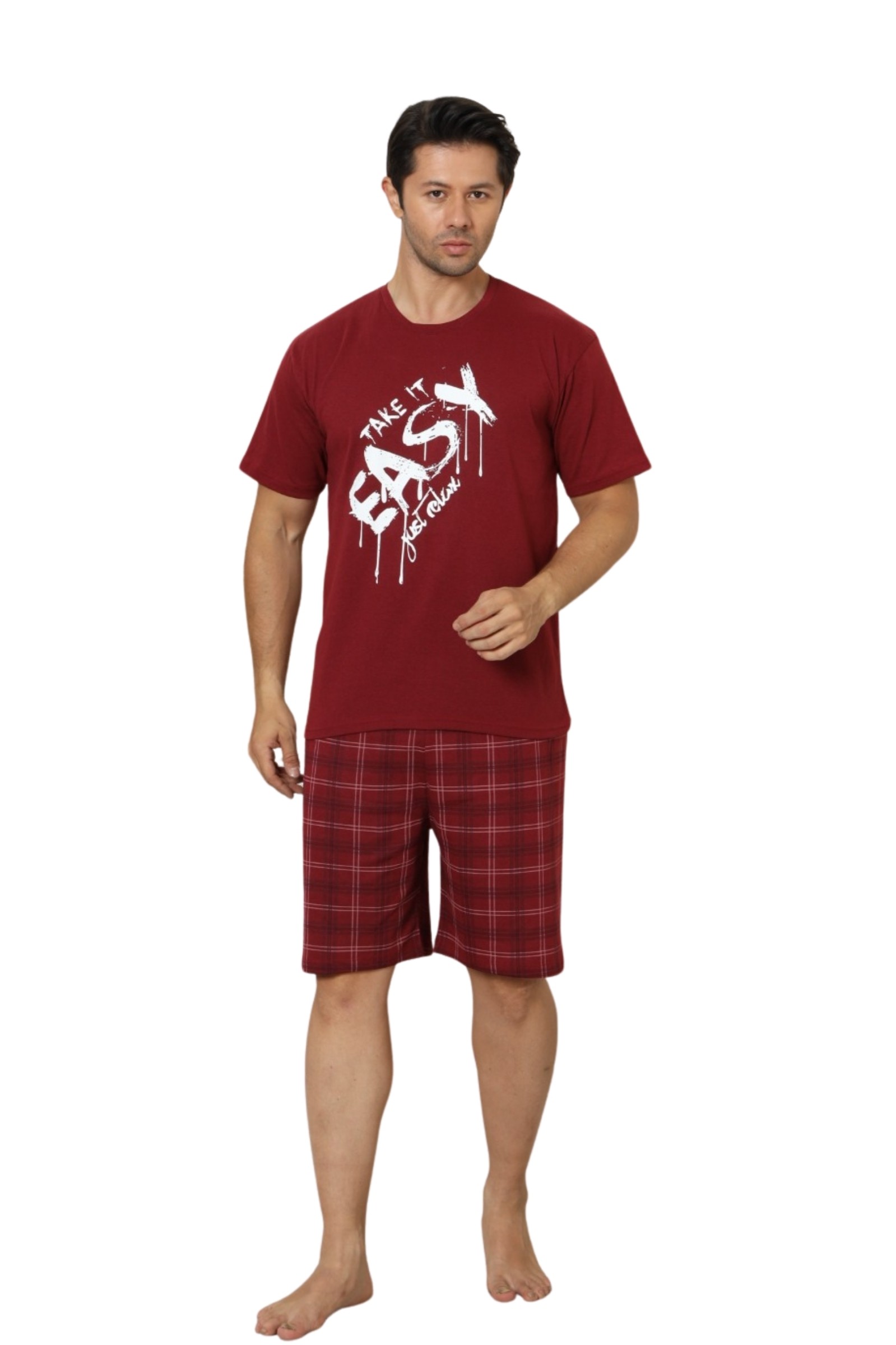 Dreamy Pamuklu Cepli Desenli Kısa Kollu Şortlu Erkek Pijama Takımı - Bordo