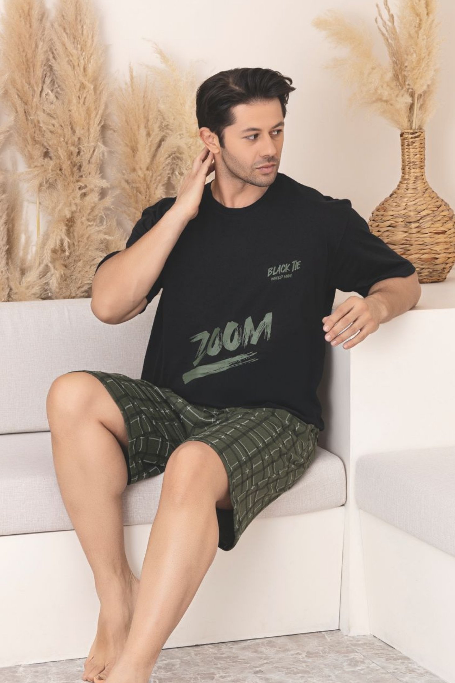 Büyük Beden Pamuklu Cepli Kısa Kollu Şortlu Erkek Pijama Takımı - Siyah