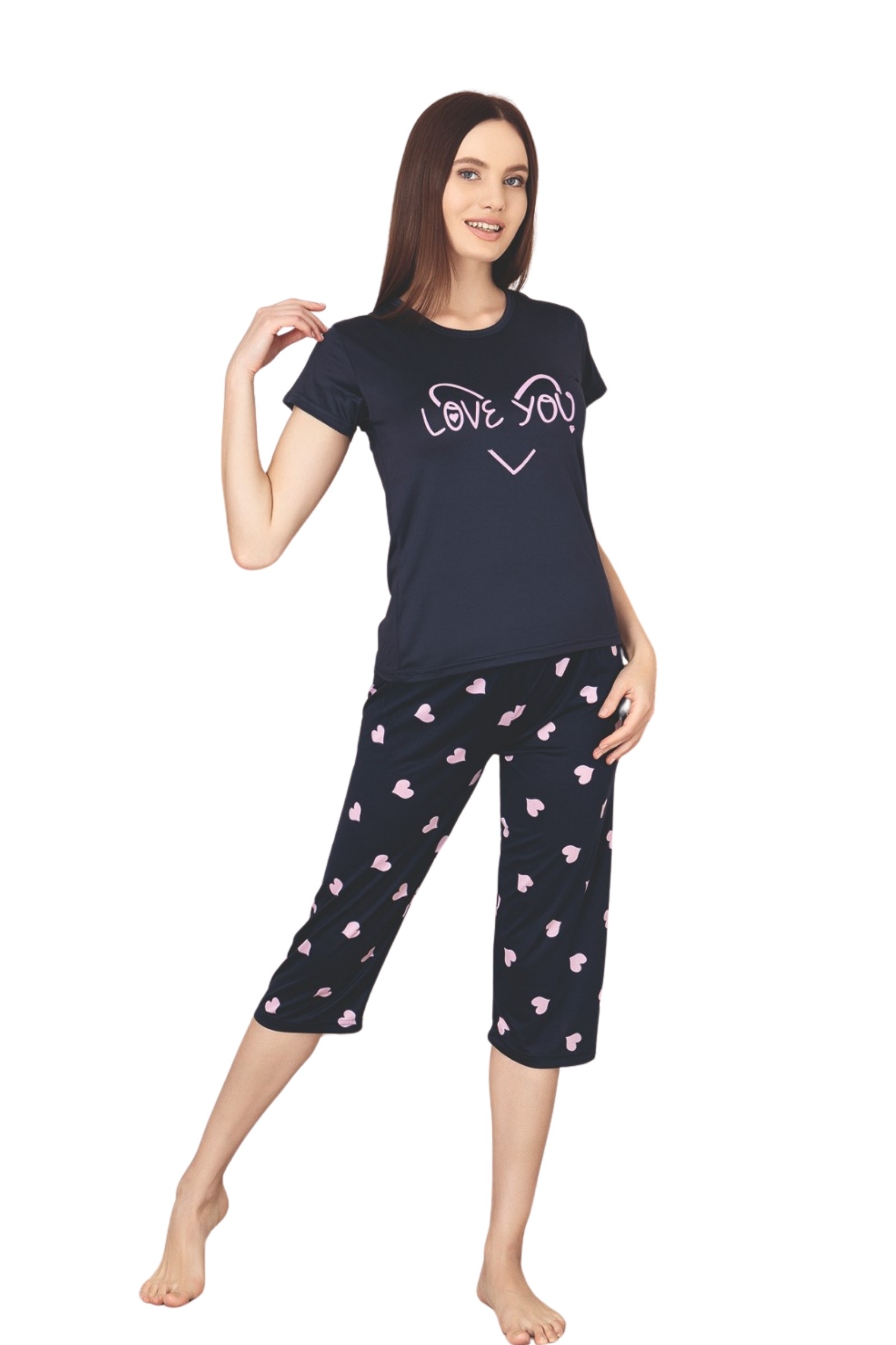 Dreamy Milan Bambu Likralı Desenli Kısa Kollu Kapri Pijama Takımı - Lacivert