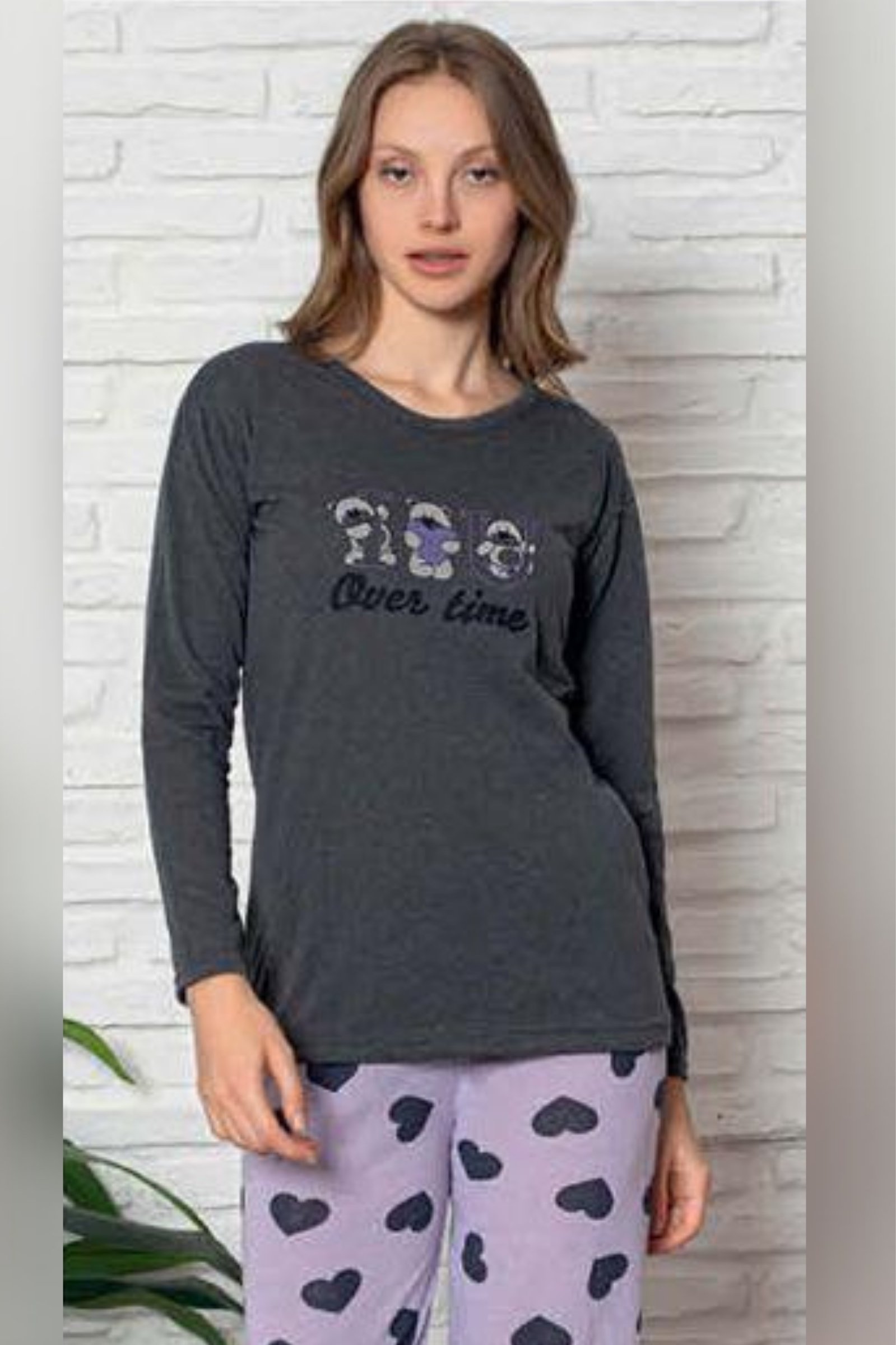 Ecodream Uzun Kollu Desenli Ekonomik Kadın Pijama Takımı - Gri