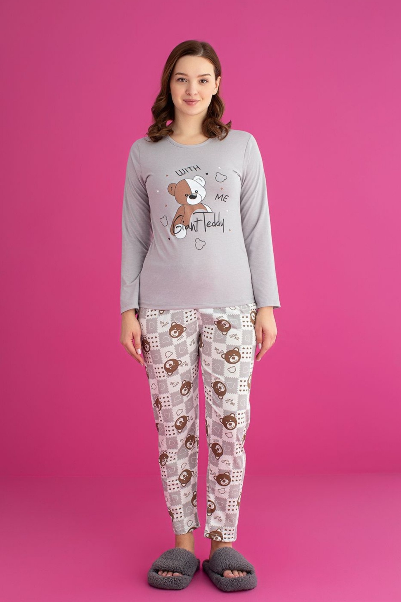 Dreamy Pamuklu Desenli Uzun Kollu Kadın Pijama Takımı - Gri