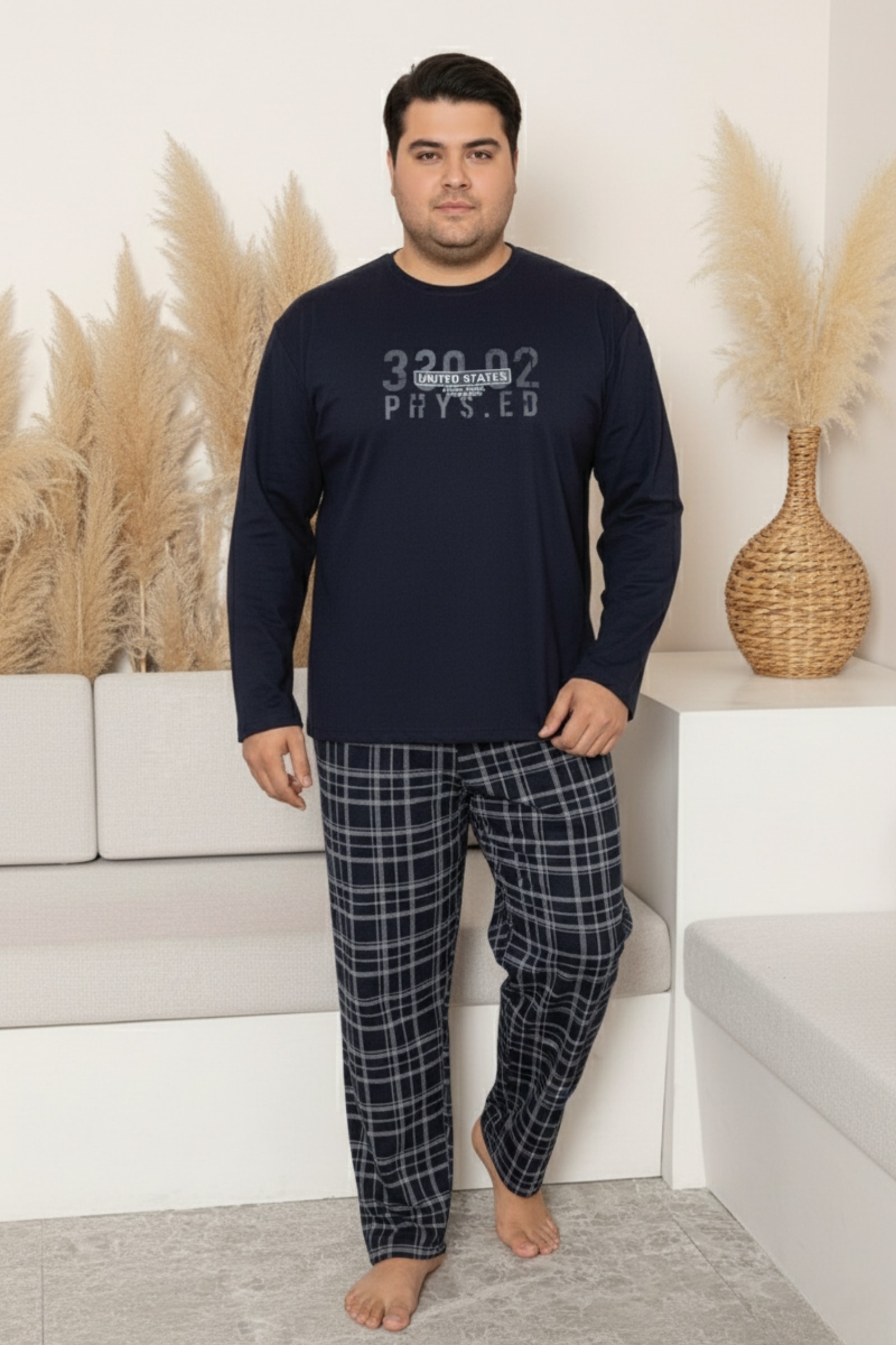 Büyük Beden Pamuklu Uzun Kollu Ekose Kareli Erkek Pijama Takımı - Lacivert